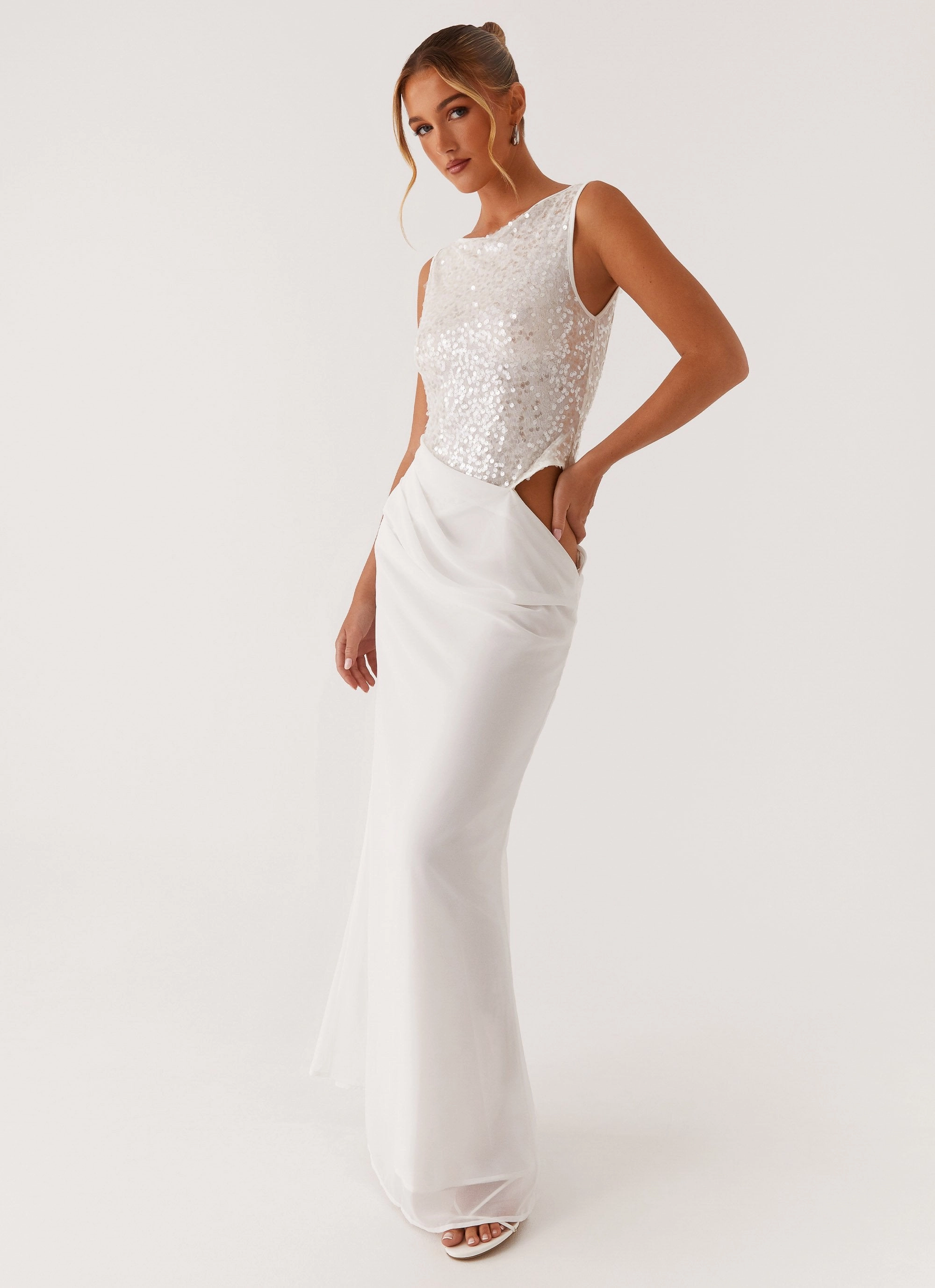 Above Ground Sequin Maxi Dress - White Feminine Structure