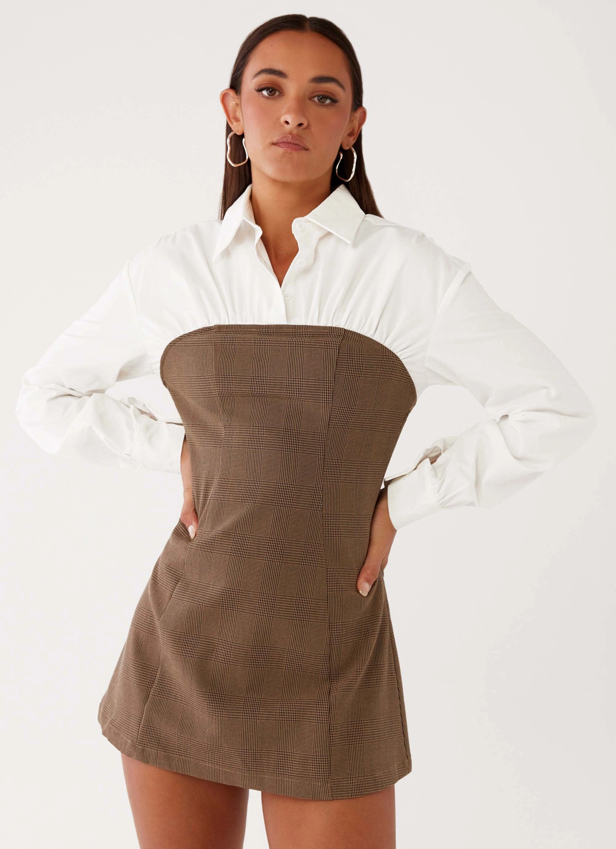 Adelaide Shirt Mini Dress - Brown Satin Touch Day-To-Night Wear