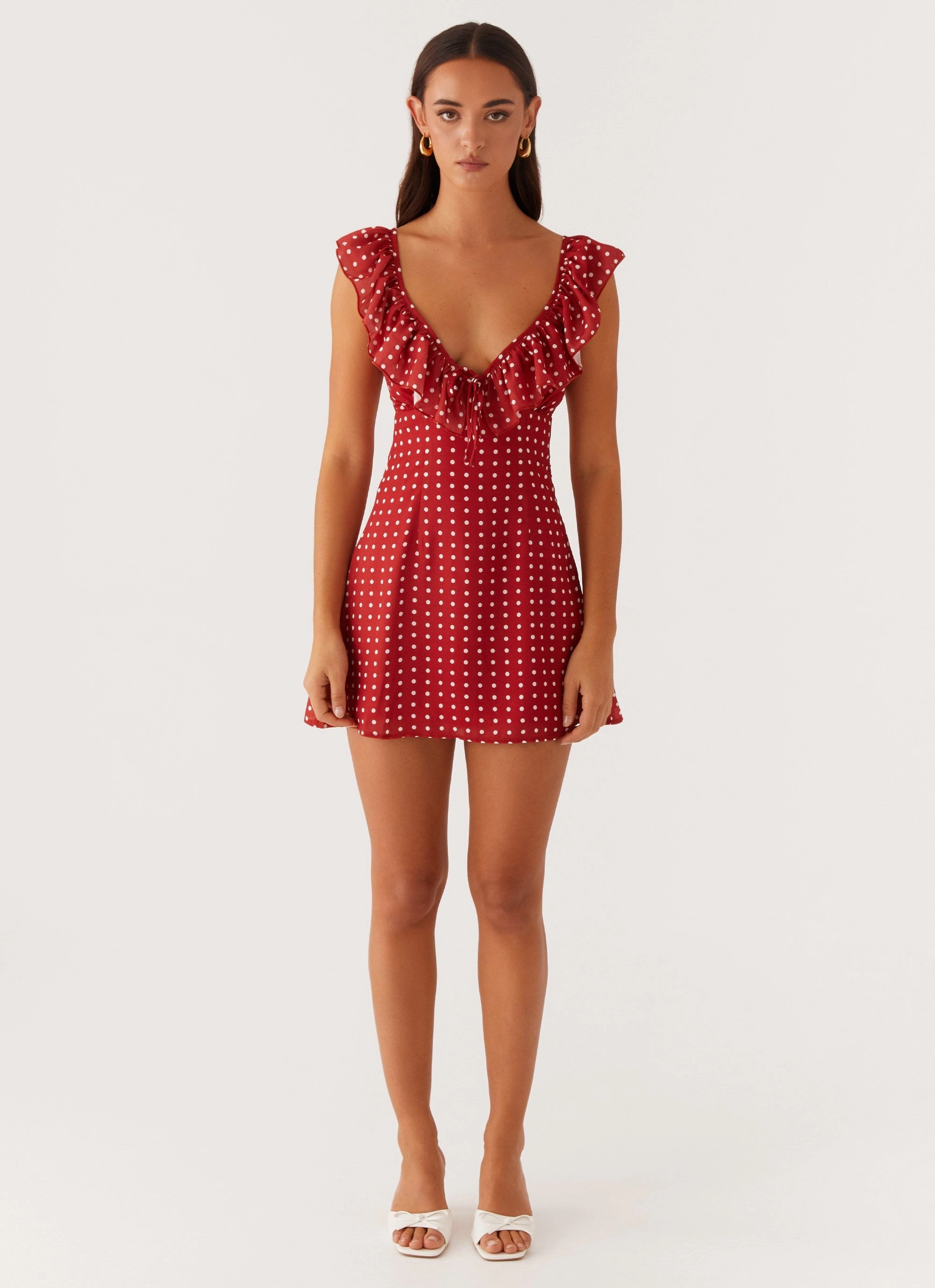 Adrina Ruffle Mini Dress - Red Polka Dot Wool-Blend