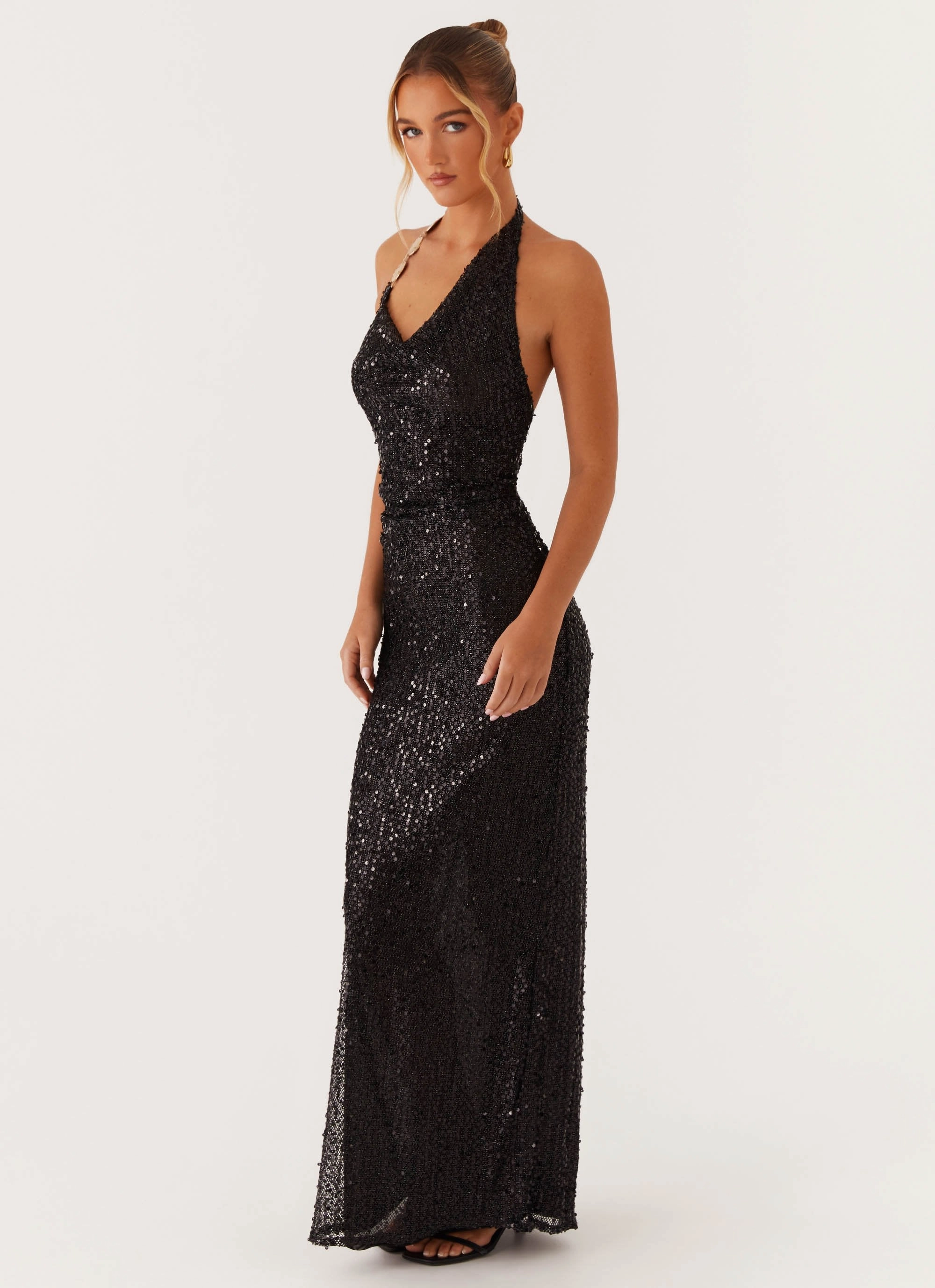 After Tonight Sequin Cowl Neck Maxi Dress - Black Tie-dye