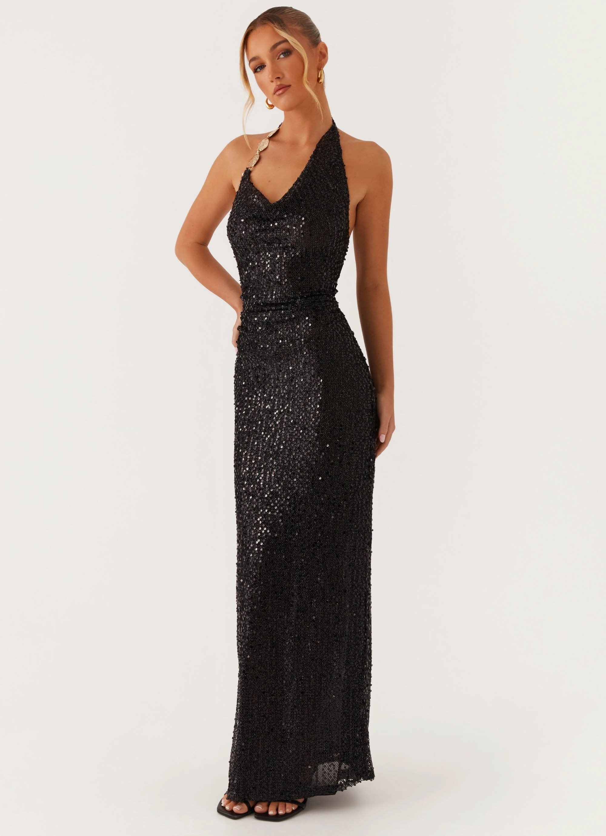 After Tonight Sequin Cowl Neck Maxi Dress - Black Mom Chic