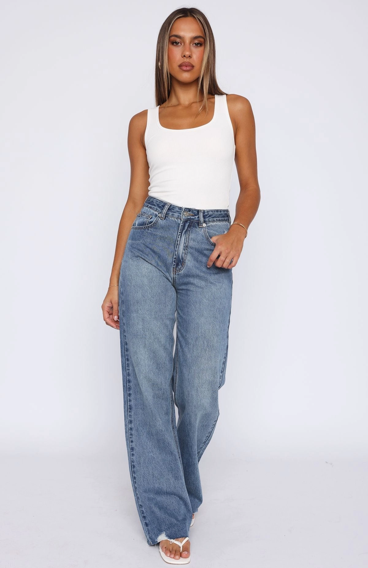 Alana High Waisted Straight Leg Jeans Mid Blue Distressed Details