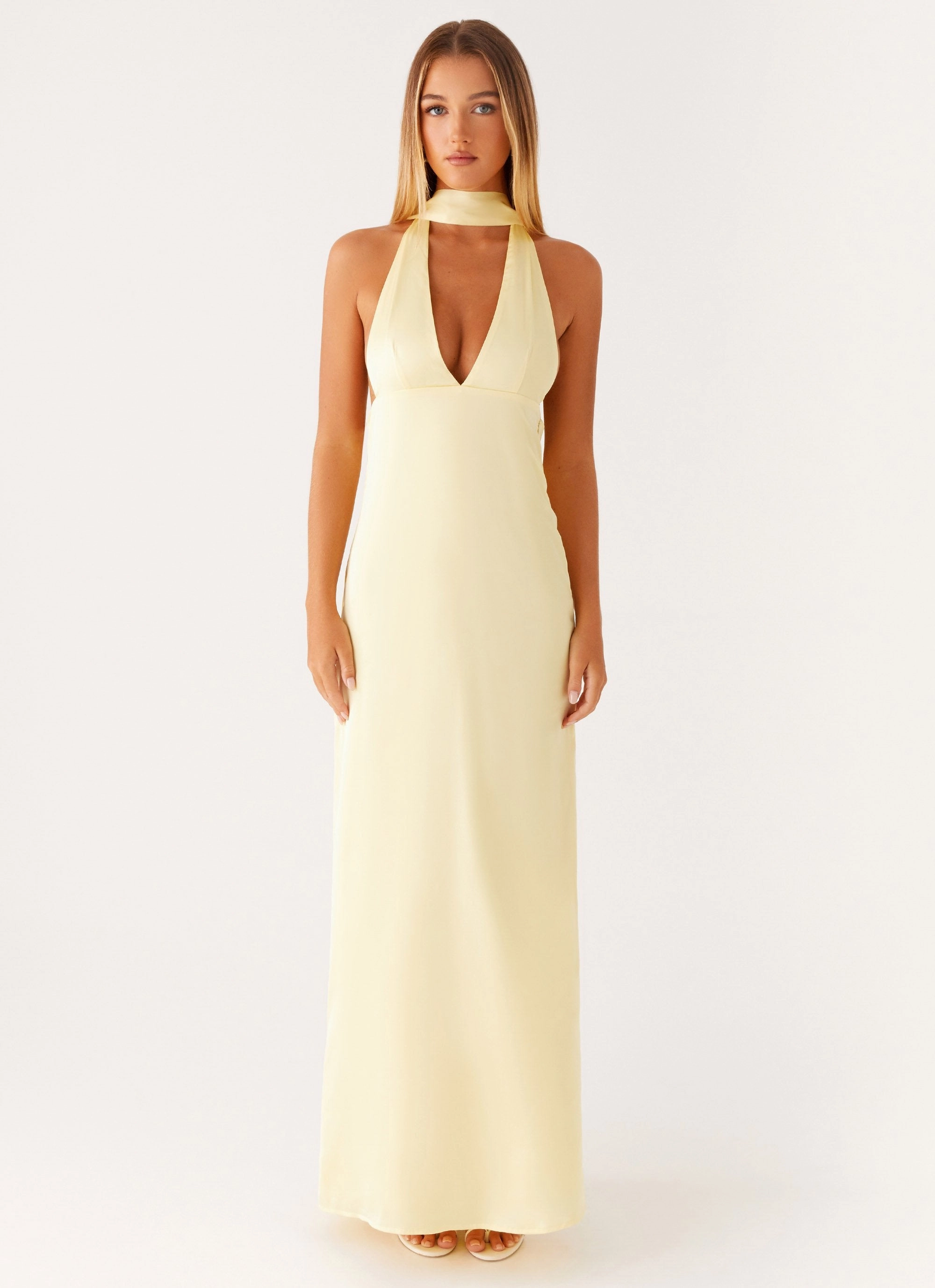 Alicia Satin Halter Maxi Dress - Yellow Dew Glow Sleek Flex