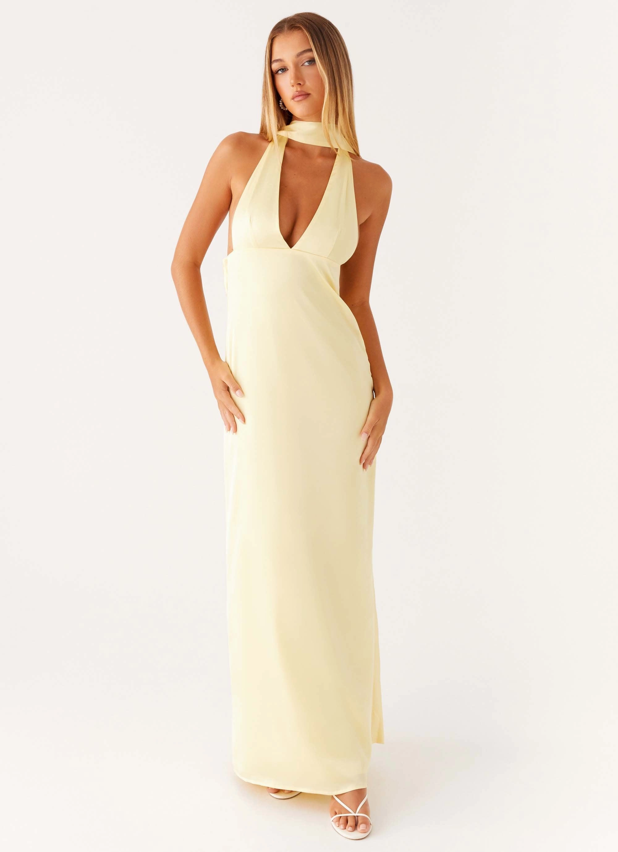 Smart Detail Alicia Satin Halter Maxi Dress - Yellow