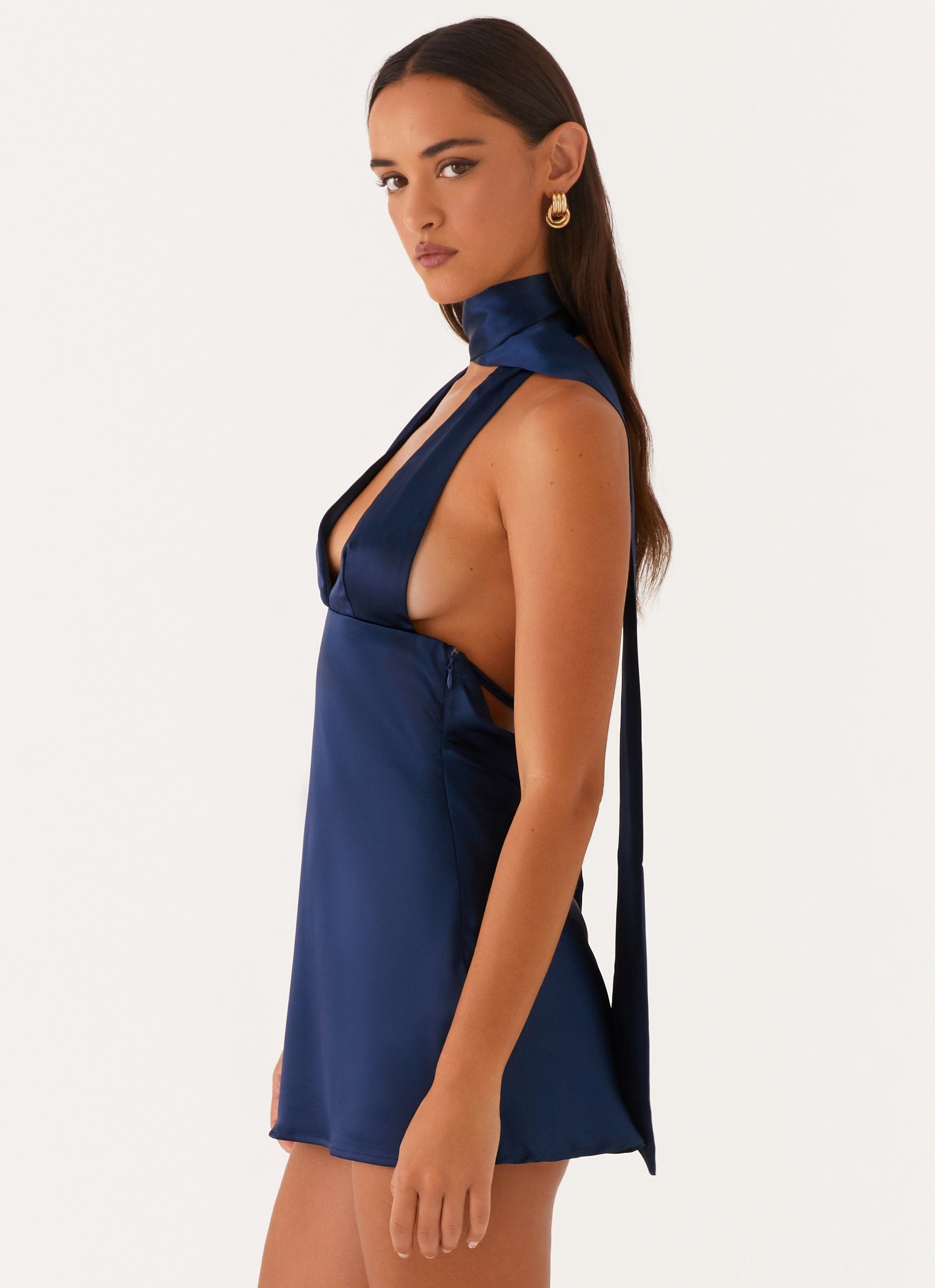 Alicia Satin Halter Mini Dress - Navy Travel-friendly