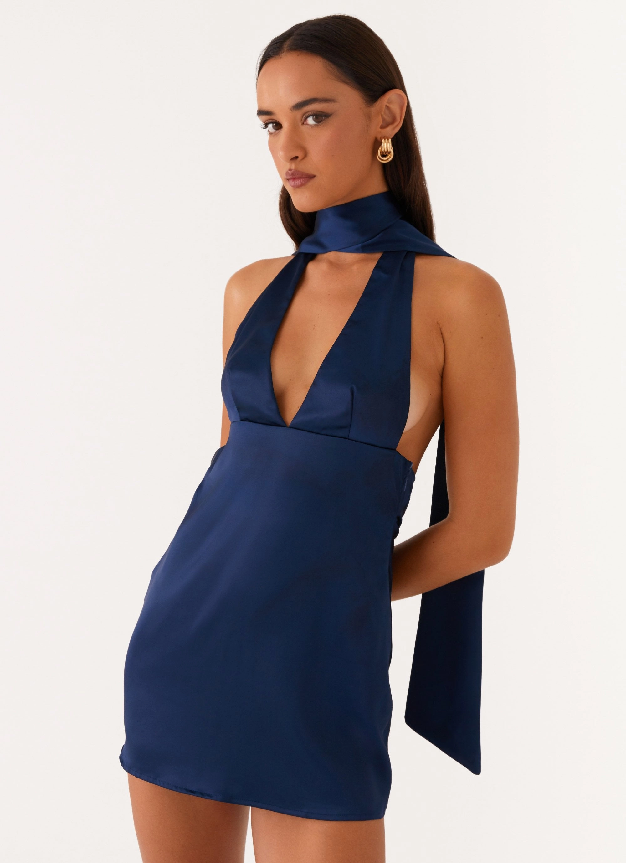 Alicia Satin Halter Mini Dress - Navy Skin-friendly Vibrant patterned dress