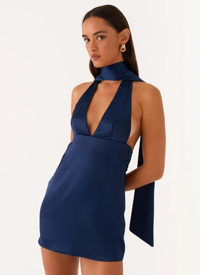 Alicia Satin Halter Mini Dress - Navy Skin-friendly Vibrant patterned dress