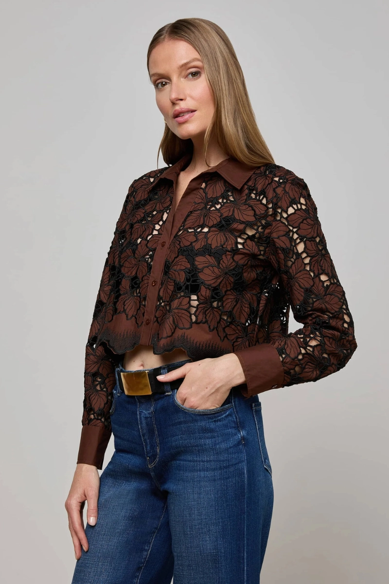 Seychelle Cropped Eyelet Blouse Printed Pattern Relaxed Style