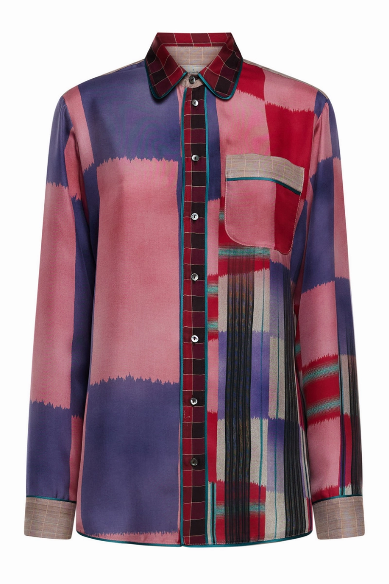 Soft Stretch Collar No Slip Shoulder Grip Aloe Printed Silk Shirt