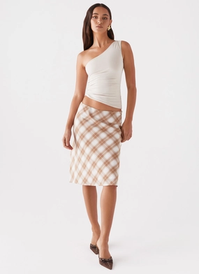 Smart Casual Relaxed Mood Andie Midi Skirt - Brown/White Plaid