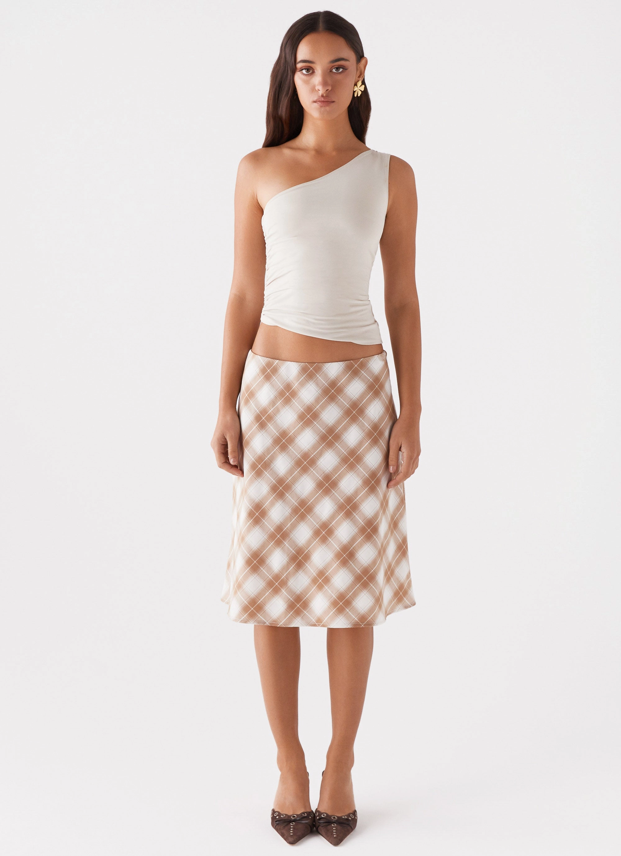 Easy Layers Side Slit Andie Midi Skirt - Brown/White Plaid