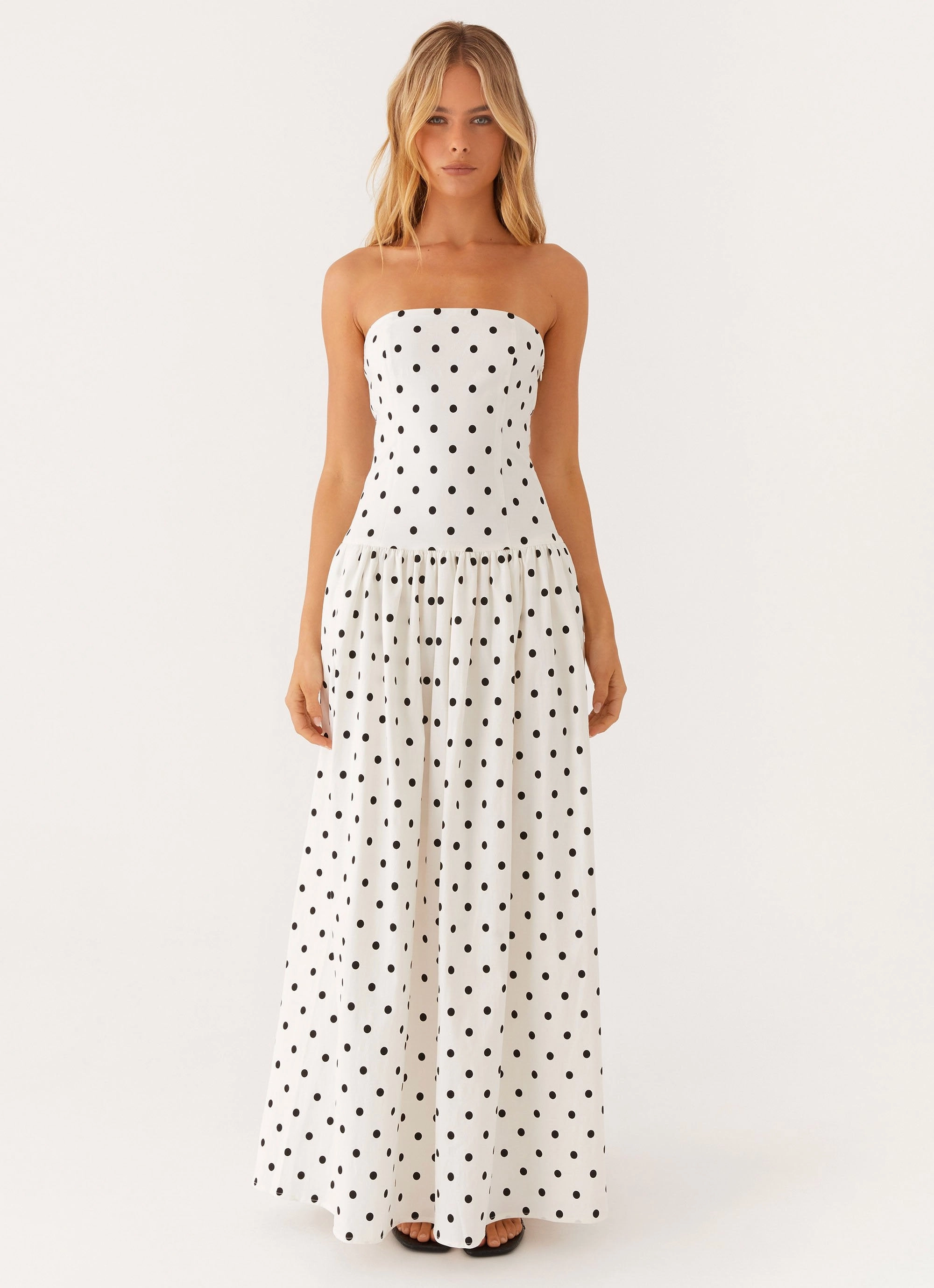 Andorra Maxi Dress - White Polkadot Feminine Layers Lounge Feel