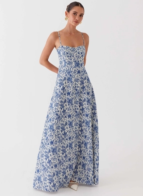 Angelina Linen Maxi Dress - Blue Paisley Smooth Look