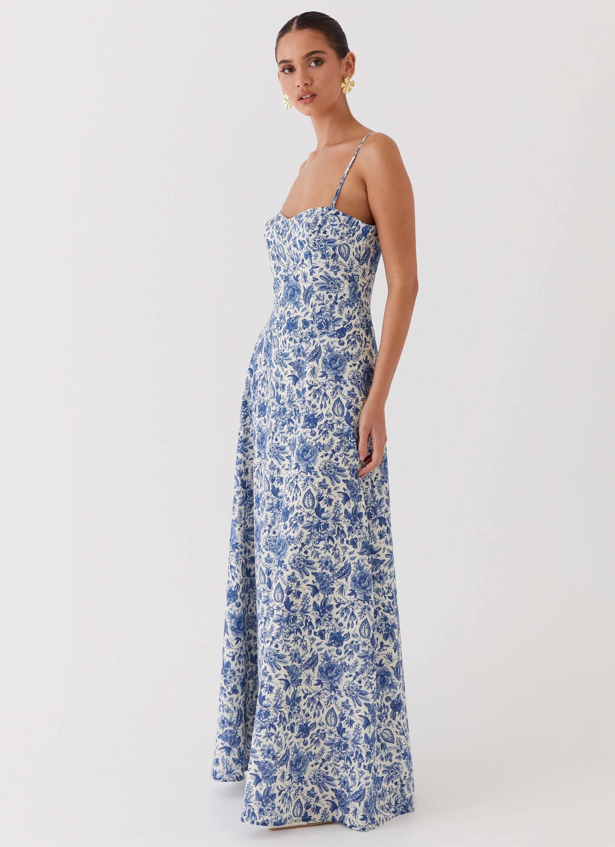 Angelina Linen Maxi Dress - Blue Paisley Stylish Choice