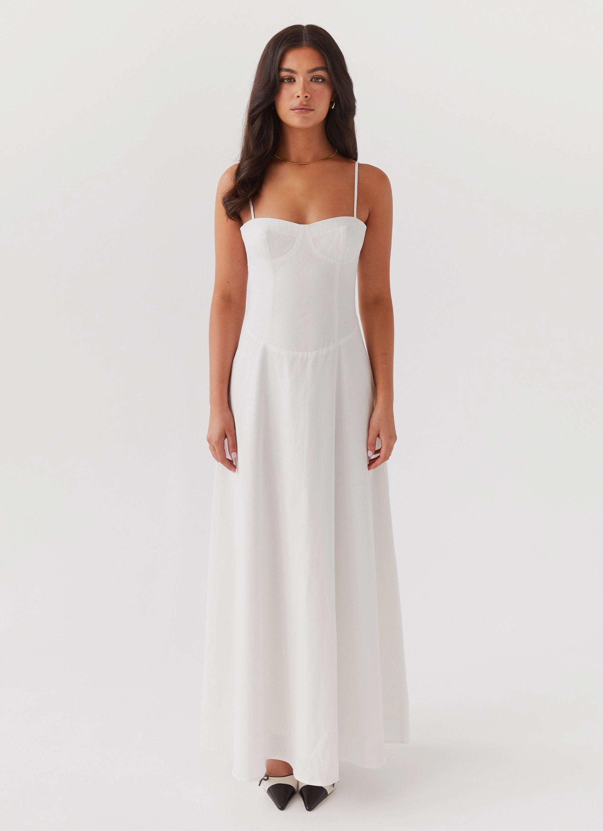 Angelina Linen Maxi Dress - White Piped-Edge