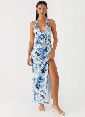 Elegant Everyday Front-Slit Angie Maxi Dress - Serene Sky Floral