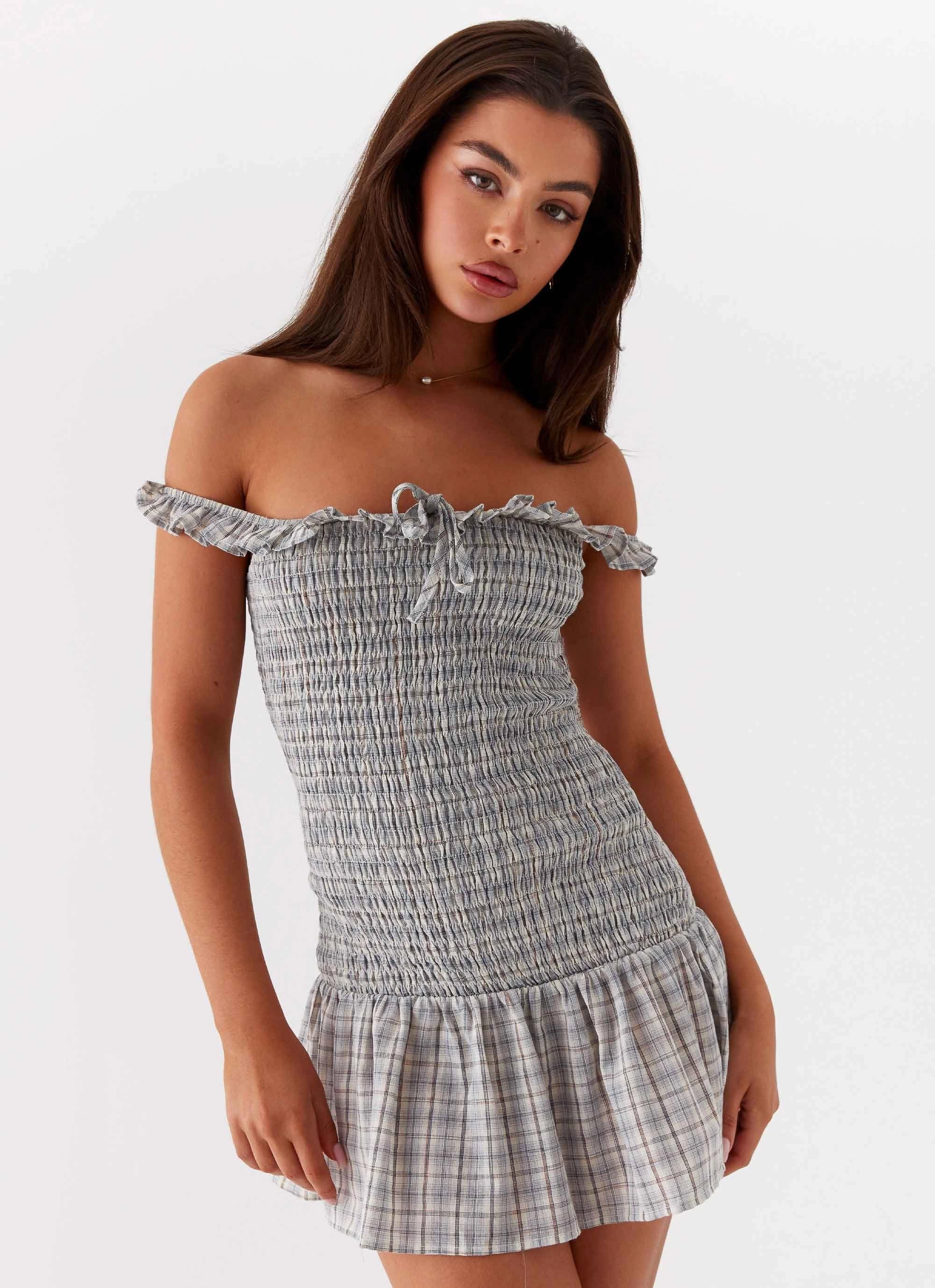 Lux Look Flattering Waist Design Anica Check Mini Dress - Grey Check
