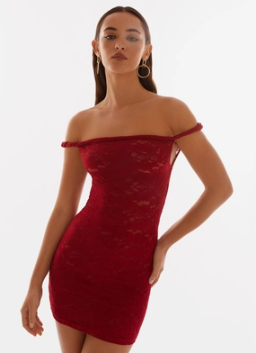 Flexible Fabric Arabella Lace Twist Shoulder Mini Dress - Red