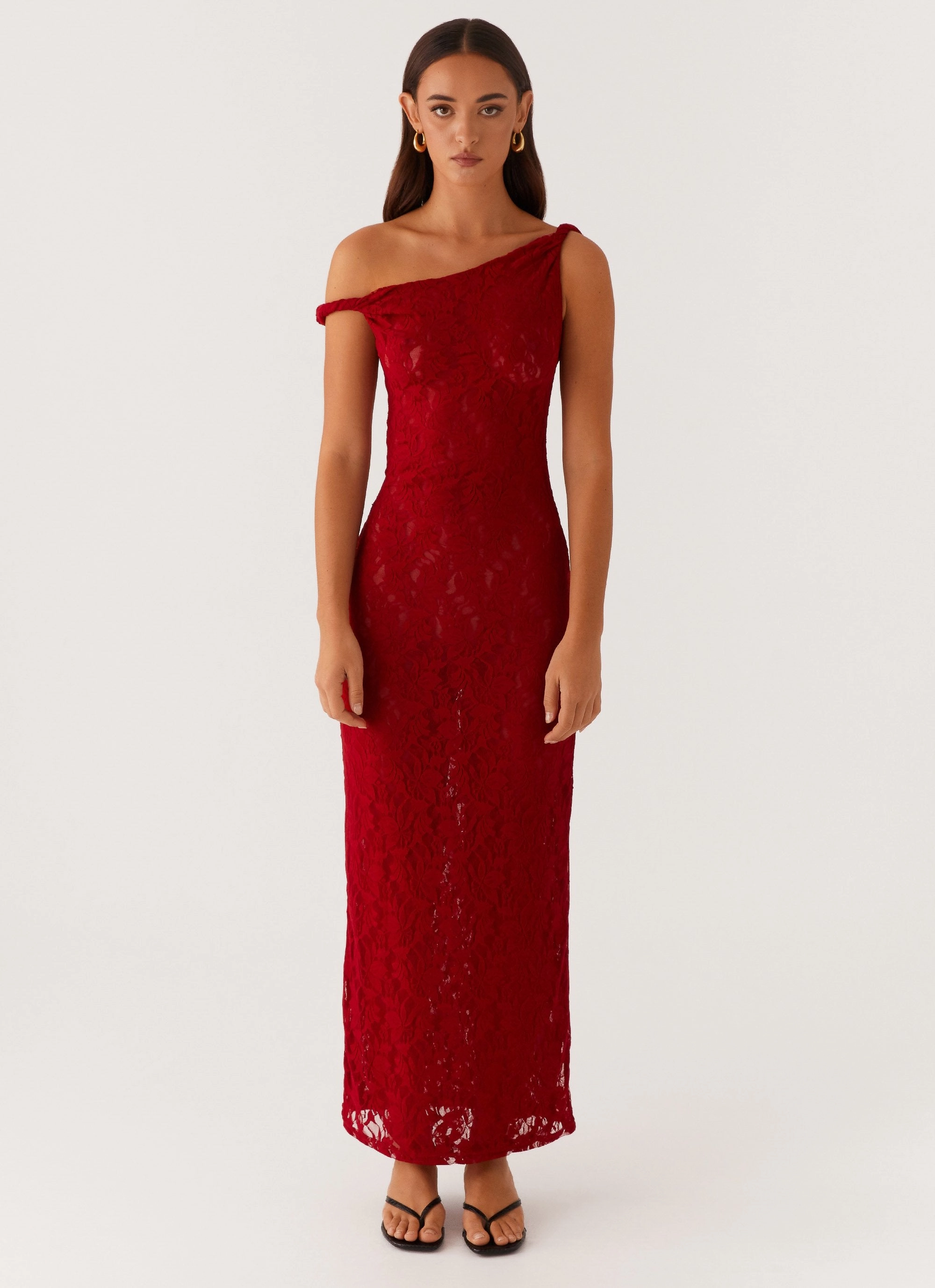 Arabella Twist Shoulder Maxi Dress - Maroon Embroidered Fabric