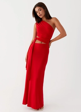 Love Me Tie Maxi Dress - Red Timeless Waist Texture Edge