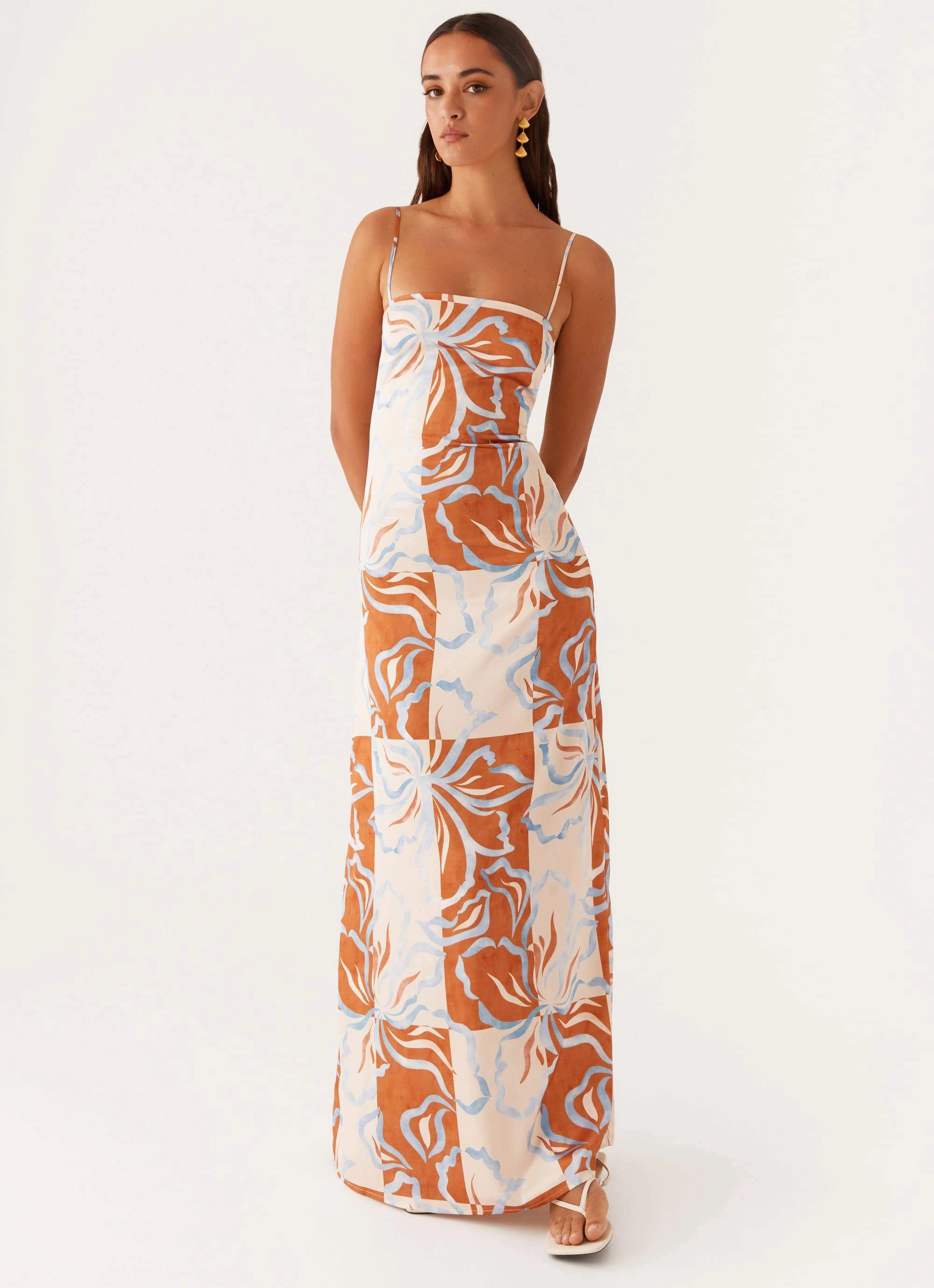 Aster Bloom Maxi Dress - Orange Blue Floral Nordic Plain Comfy Detail