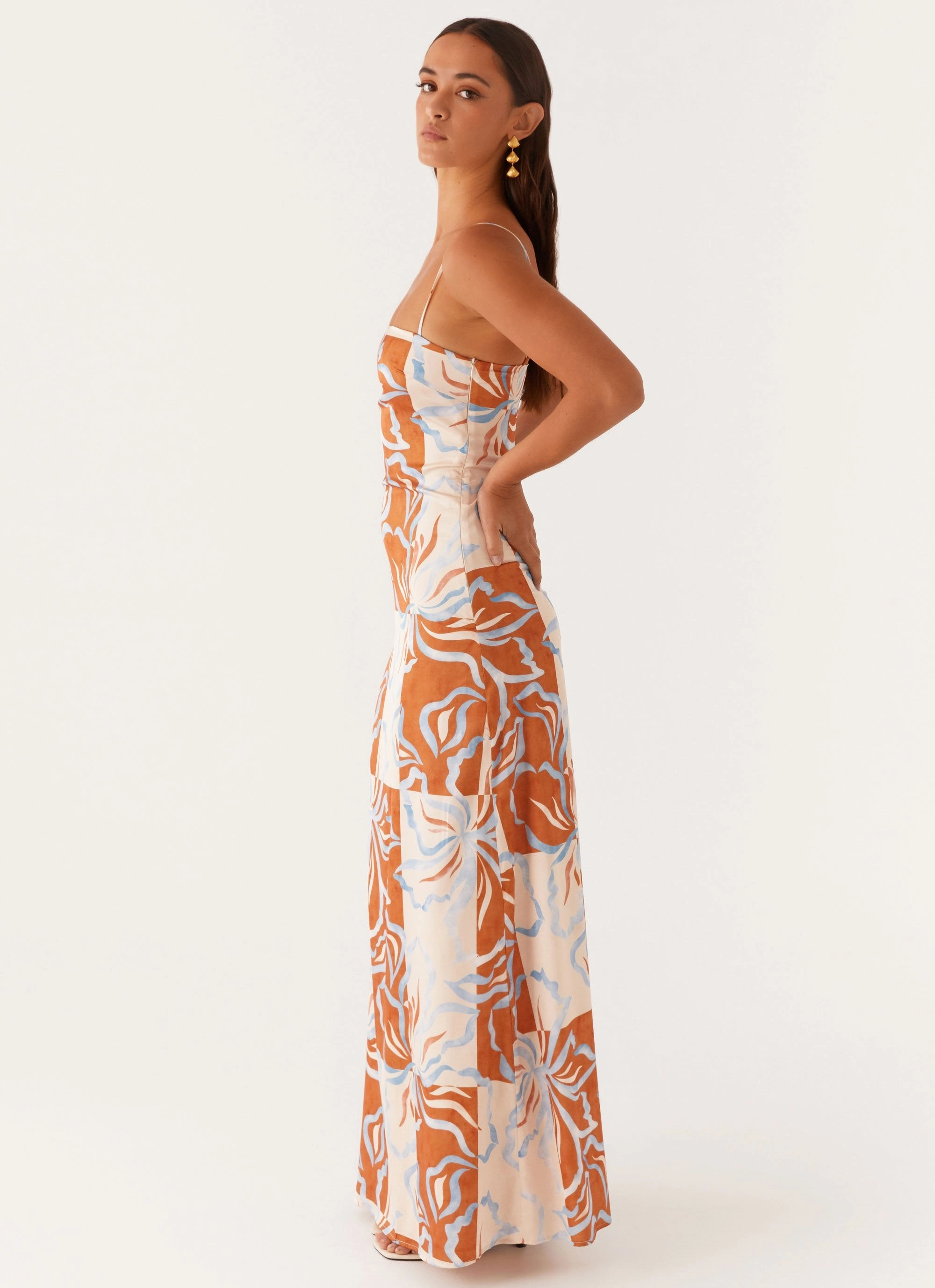Aster Bloom Maxi Dress - Orange Blue Floral Contemporary Design