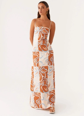 Aster Bloom Maxi Dress - Orange Blue Floral Nordic Plain Comfy Detail