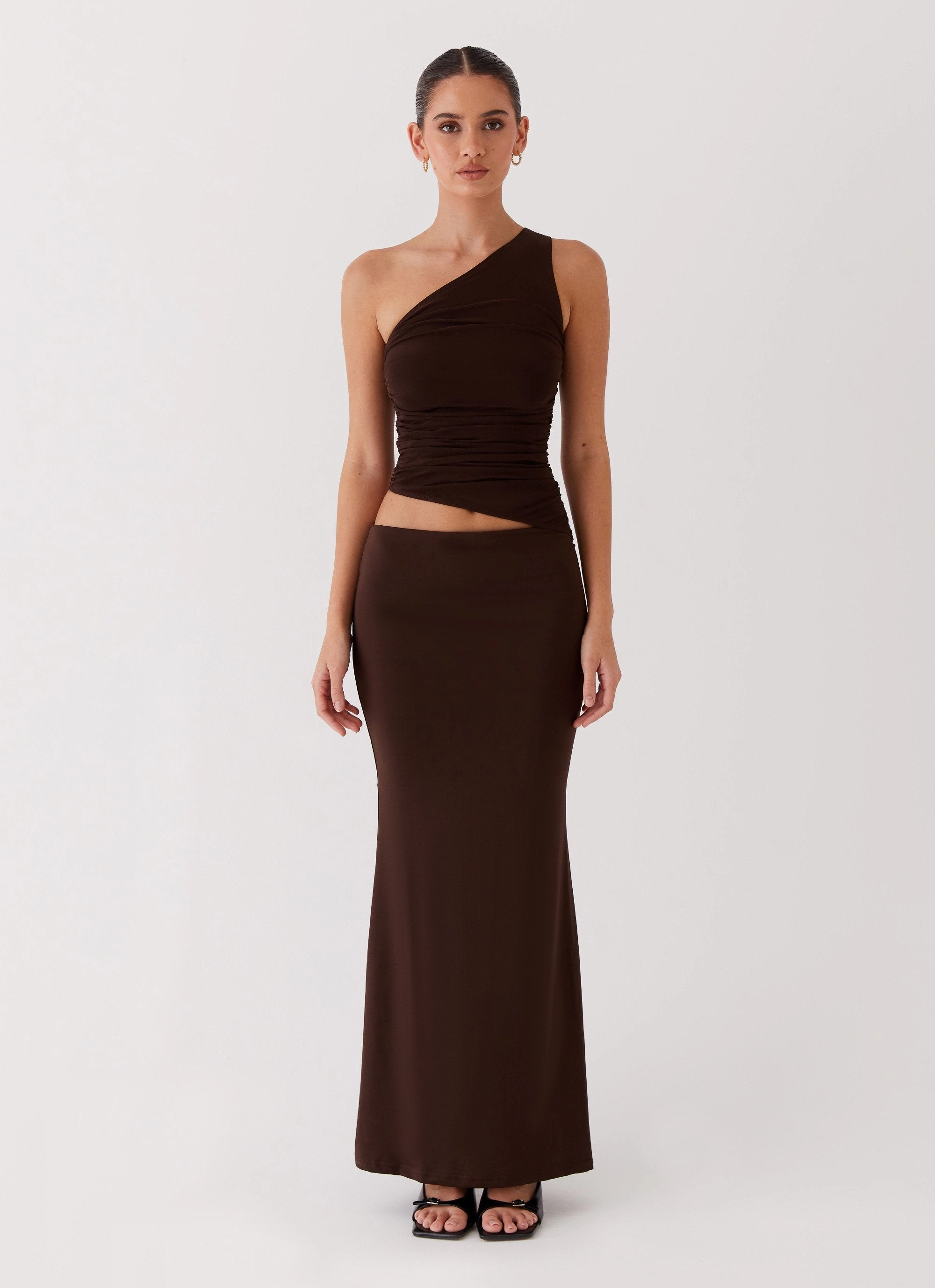 Seranella One Shoulder Maxi Dress - Chocolate Runway-Ready Timeless Fit Look