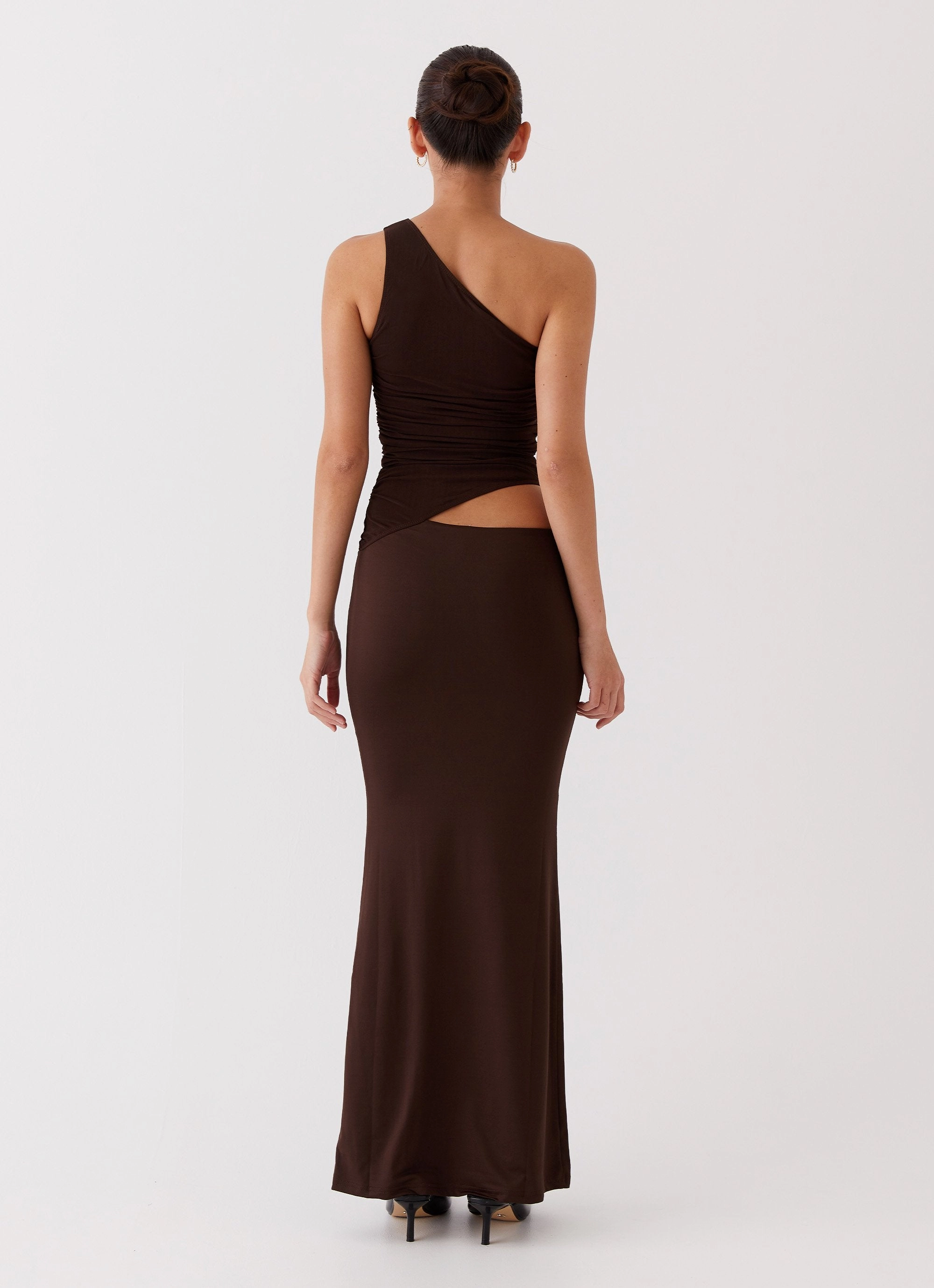 Front-Slit Seranella One Shoulder Maxi Dress - Chocolate