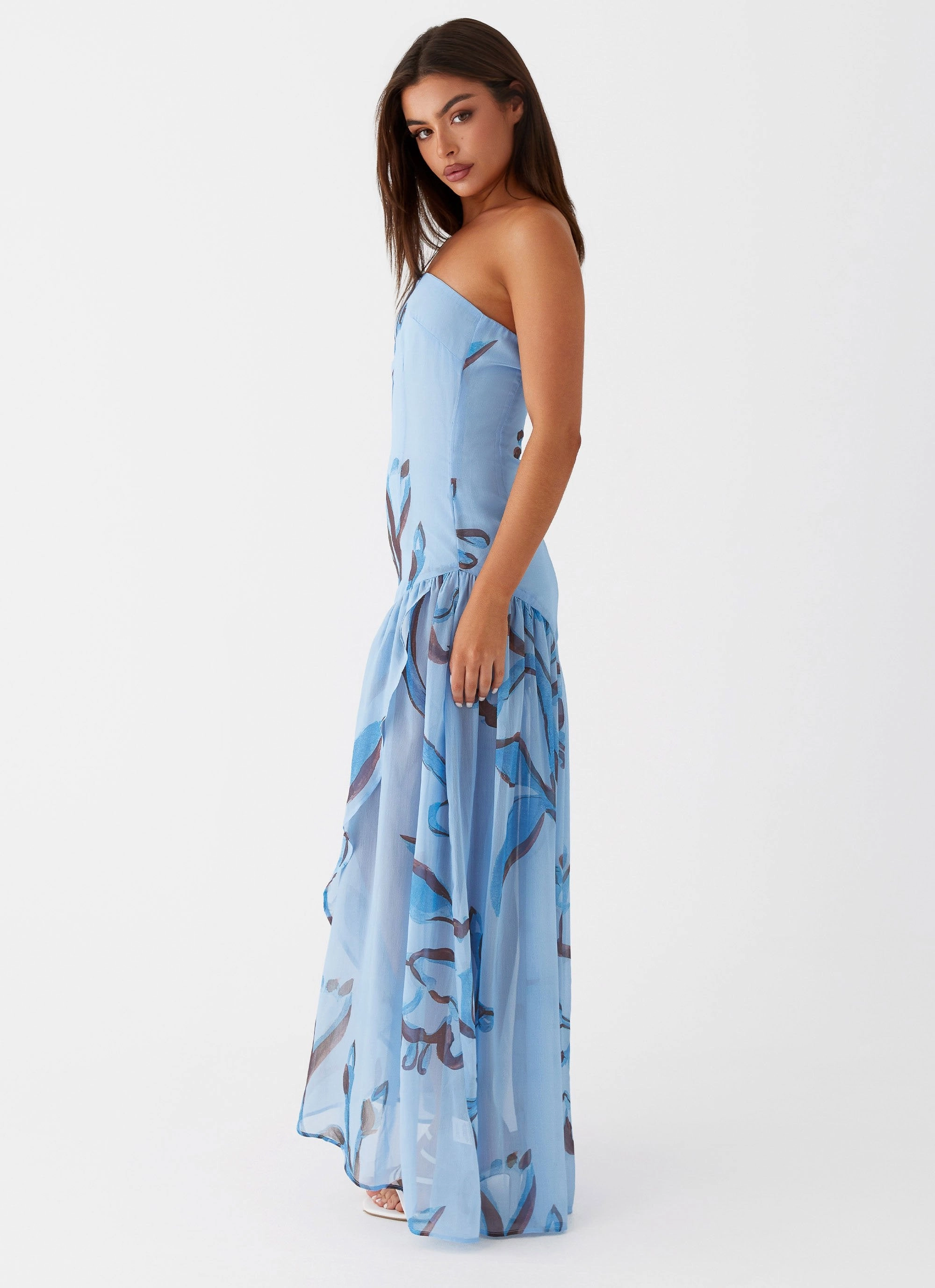 Luxe Wear Layered Texture Solaris Strapless Maxi Dress - Blue Floral
