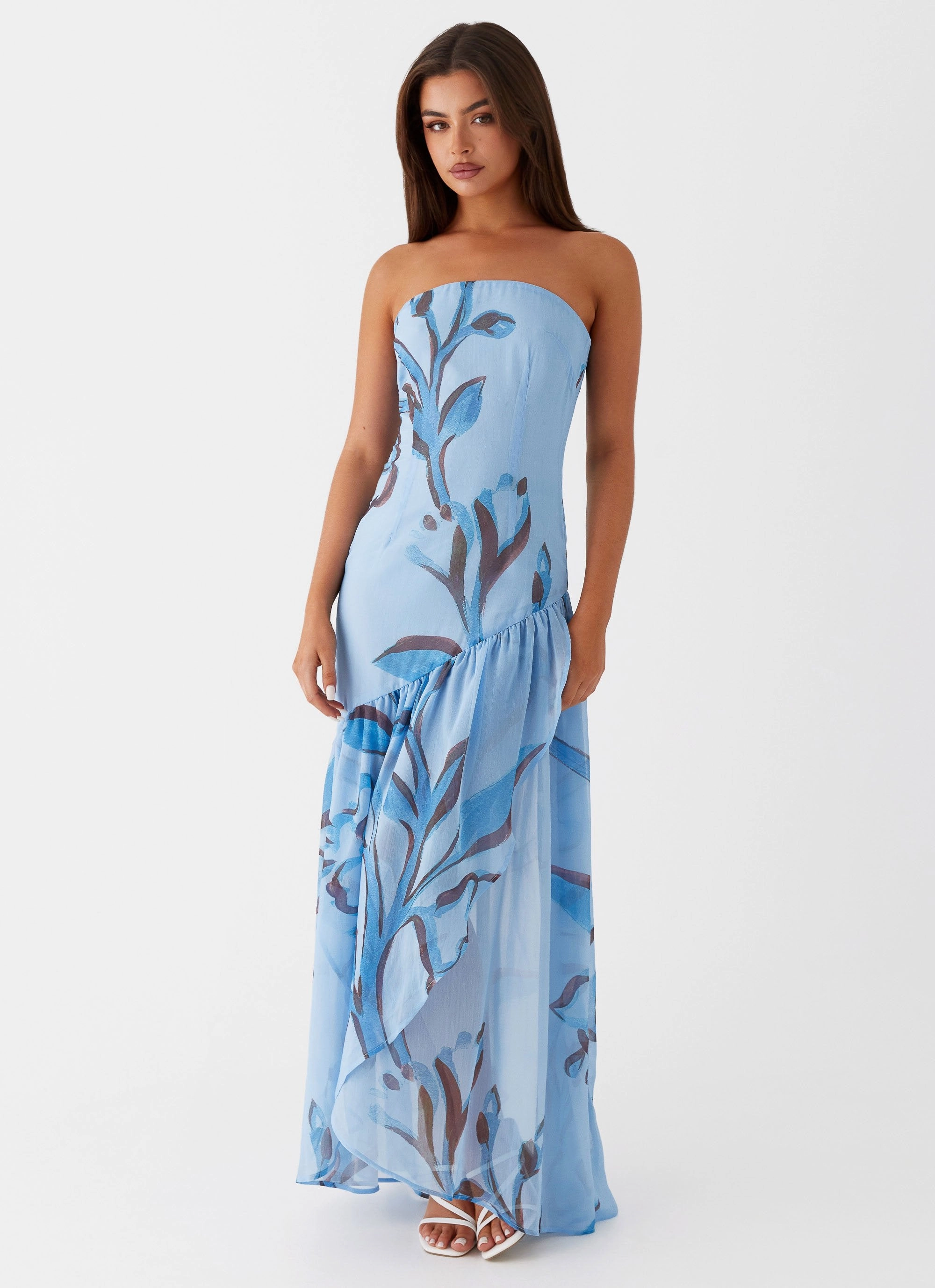Solaris Strapless Maxi Dress - Blue Floral Street Motion Elegant Motion