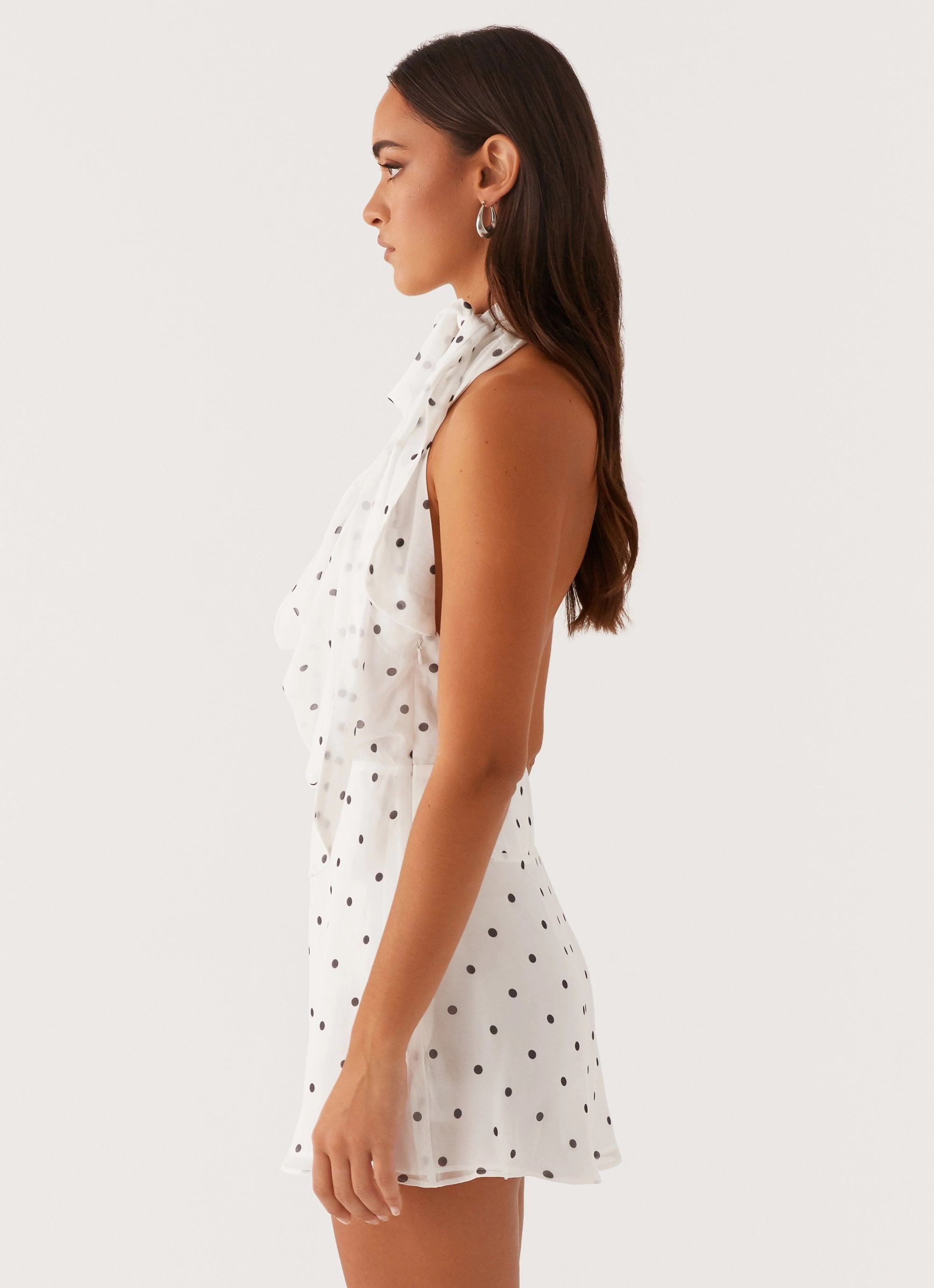Playful touch Avalia Backless Scarf Mini Dress - White Polka Dot