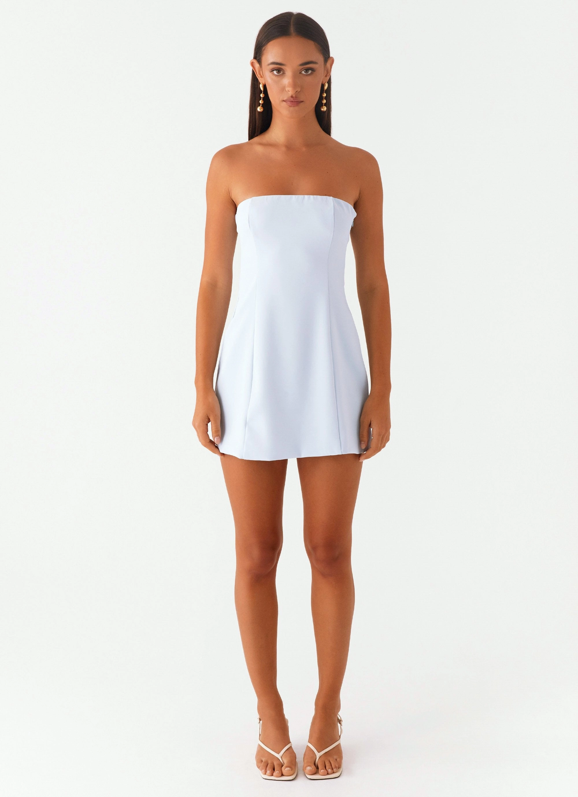 Statement-Print Glossy-Finish Ayanna Strapless Mini Dress - Blue