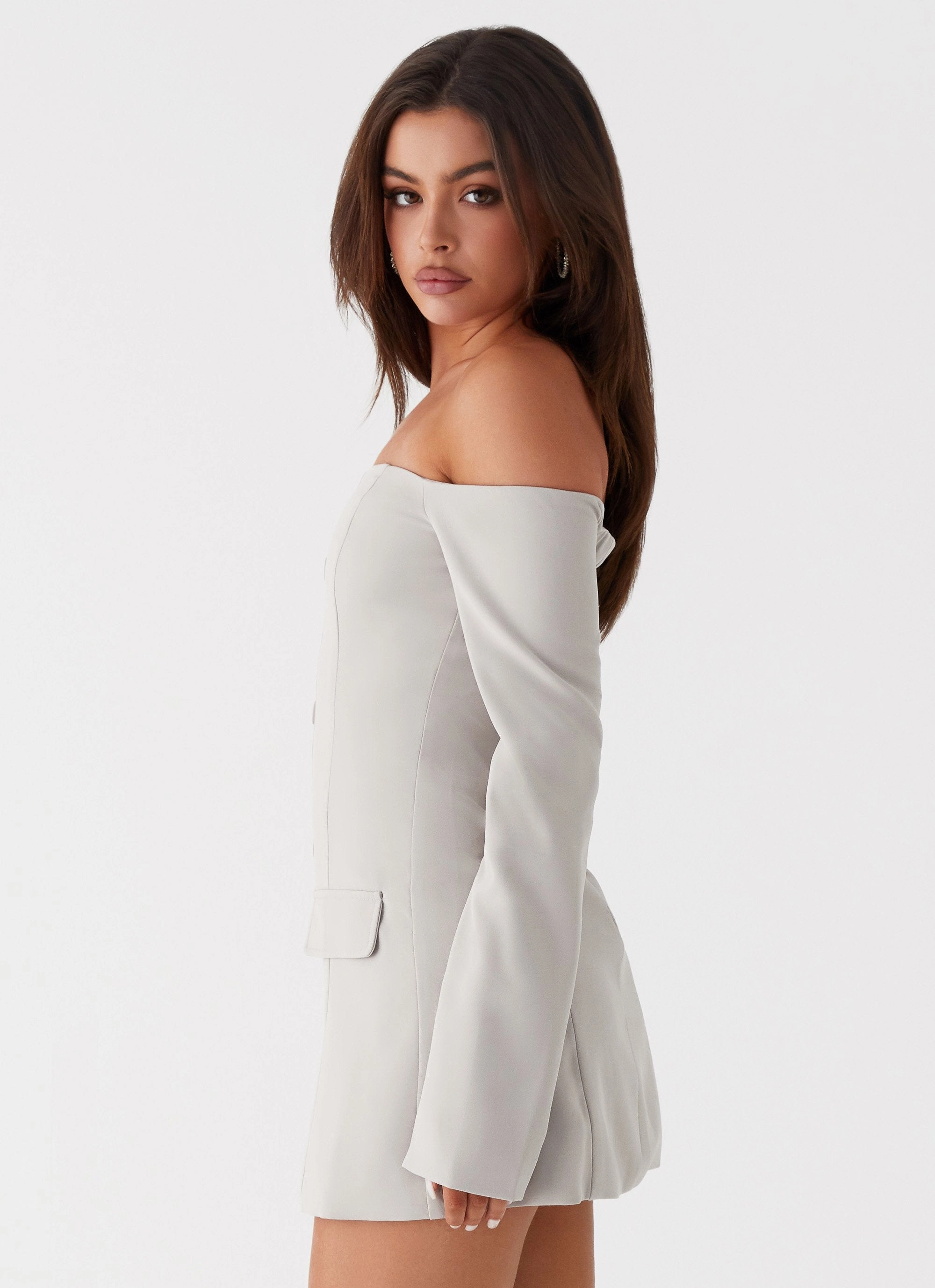 Winter Wrap Sophisticated Waistband Fit Dominique Blazer Mini Dress - Grey