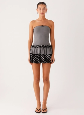 Yerin Strapless Frill Mini Dress - Grey Polkadot Lounge Moment