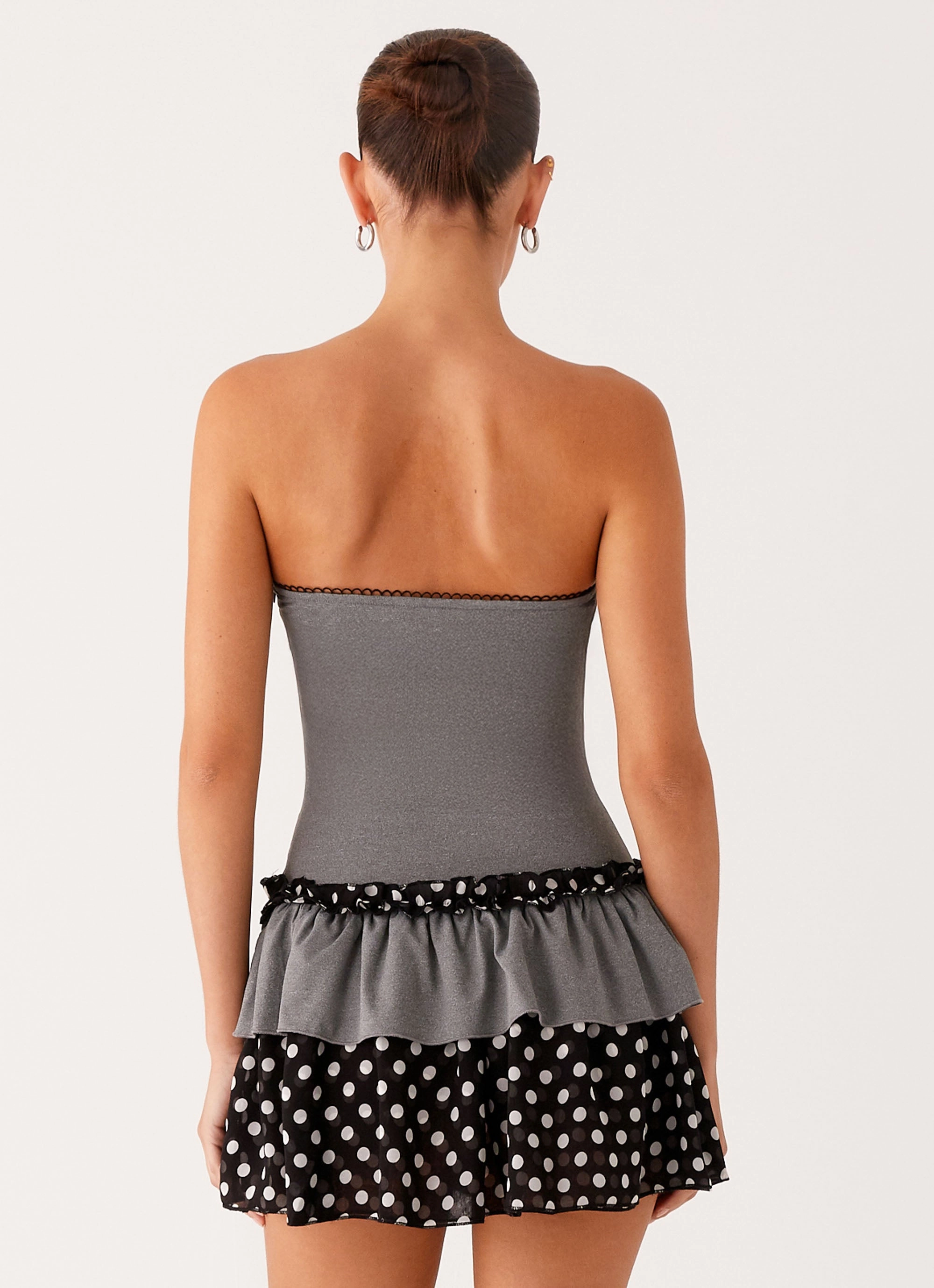 Chic Direction Yerin Strapless Frill Mini Dress - Grey Polkadot