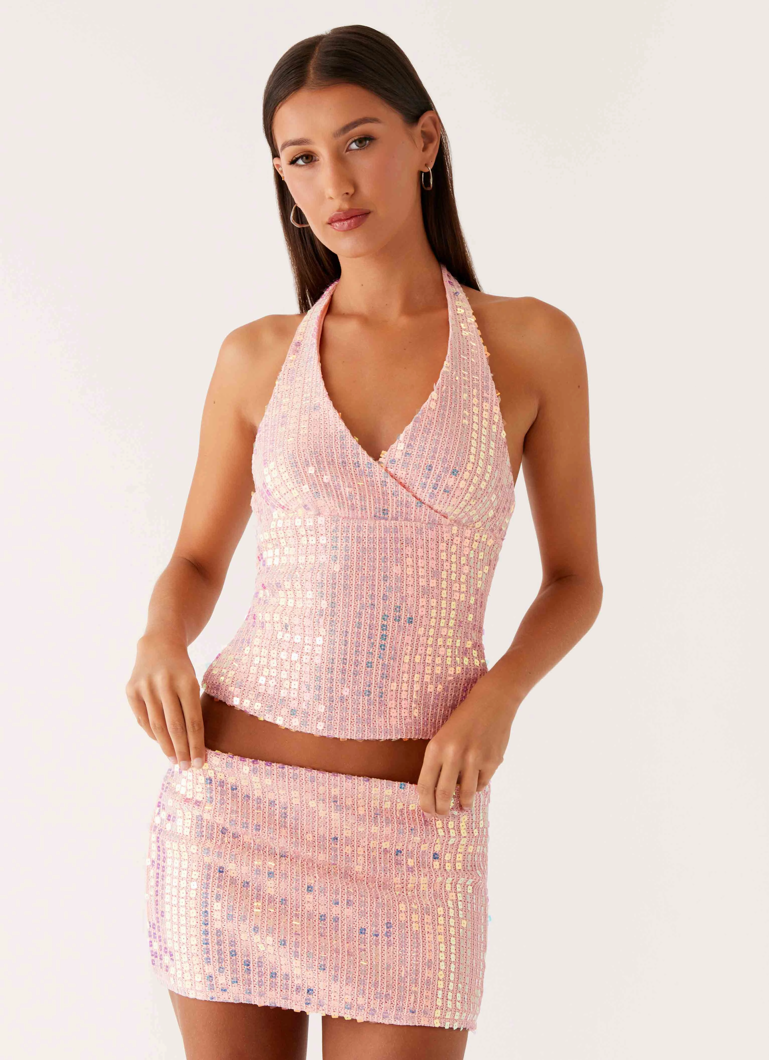 Elasticized Hem Casual Moments Been That Girl Knit Sequin Mini Skirt - Iridescent Pink