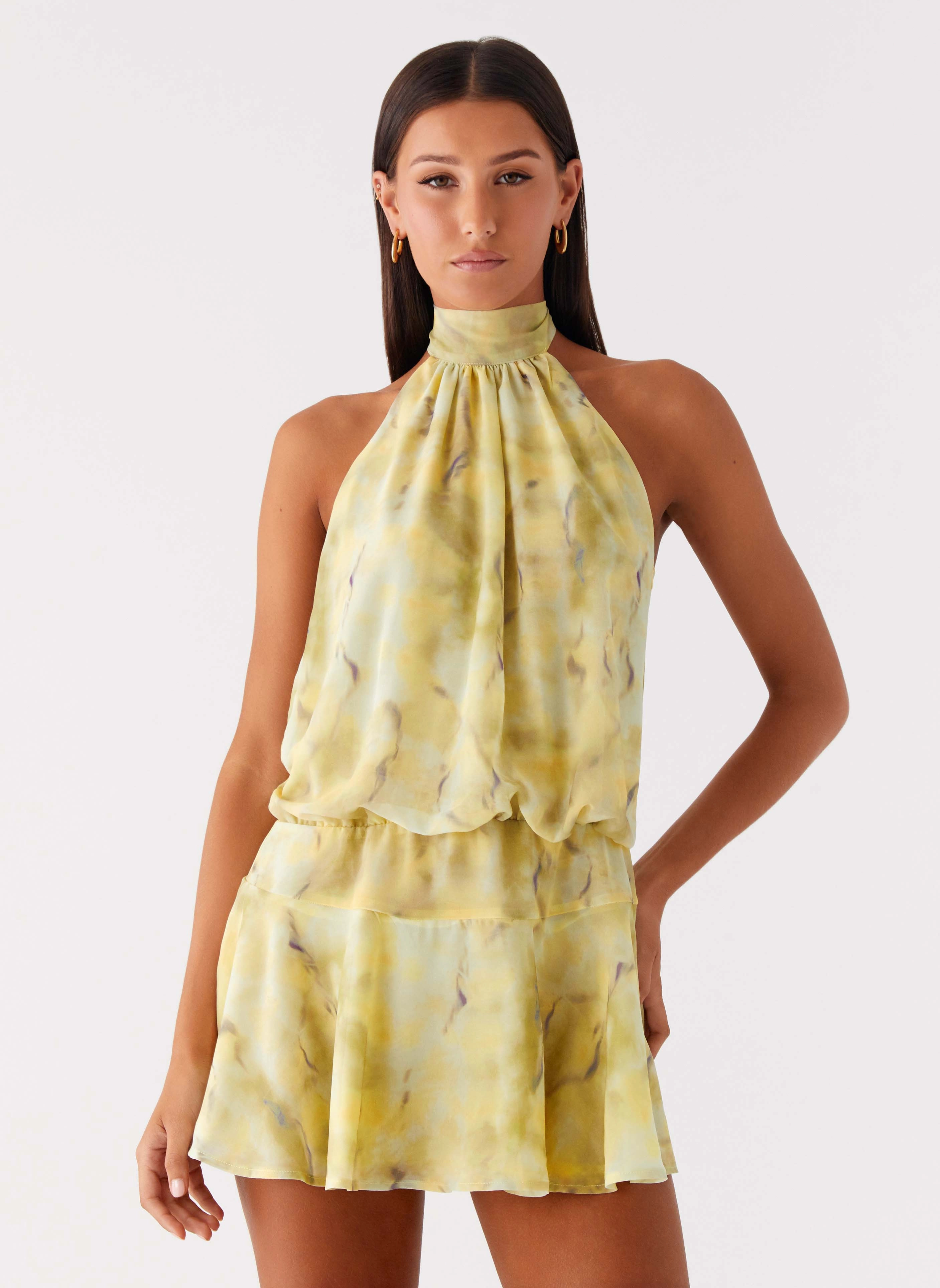 First Date Halter Mini Dress - Yellow Tie Dye Cozy Layers