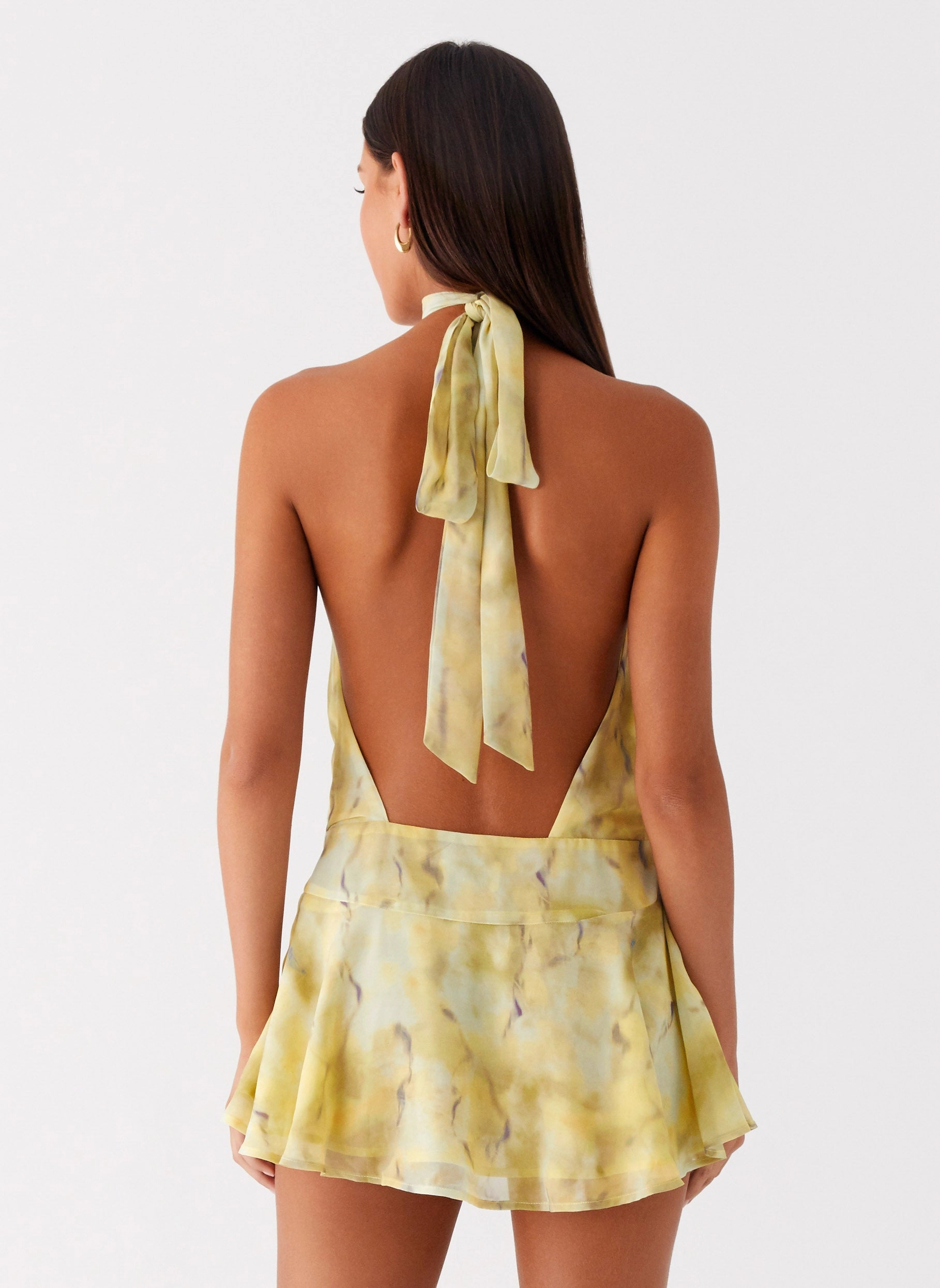 First Date Halter Mini Dress - Yellow Tie Dye Bohemian-Style Year Rounder