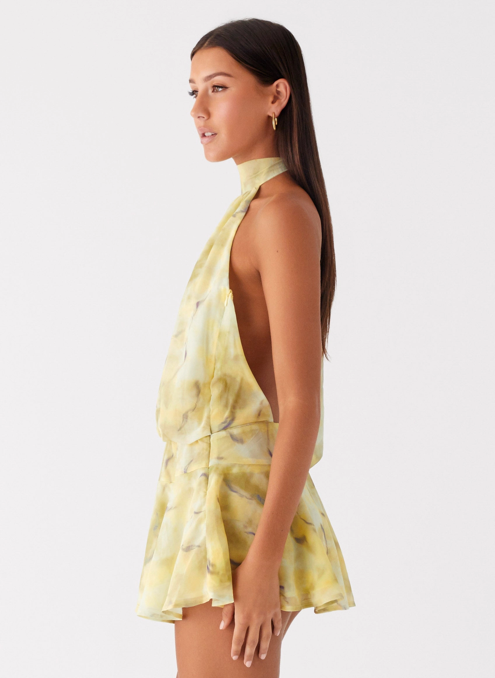 Elegant Tailoring Neutral Flow First Date Halter Mini Dress - Yellow Tie Dye