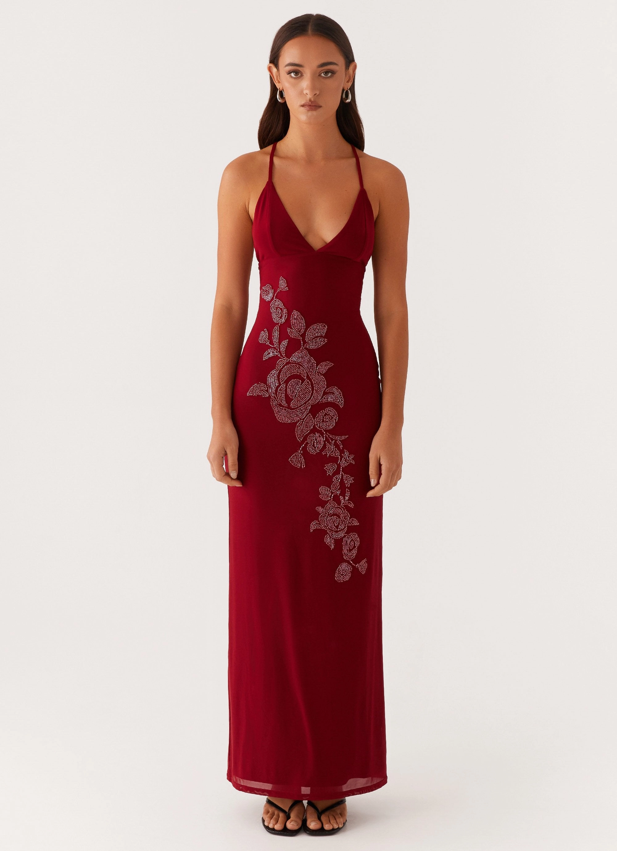 Tiered-Skirt Beki Beaded Mesh Maxi Dress - Deep Red