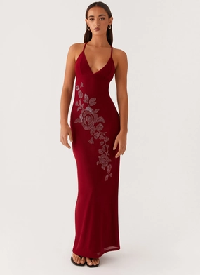Flattering Design Wear Comfy Yet Stylish Beki Beaded Mesh Maxi Dress - Deep Red