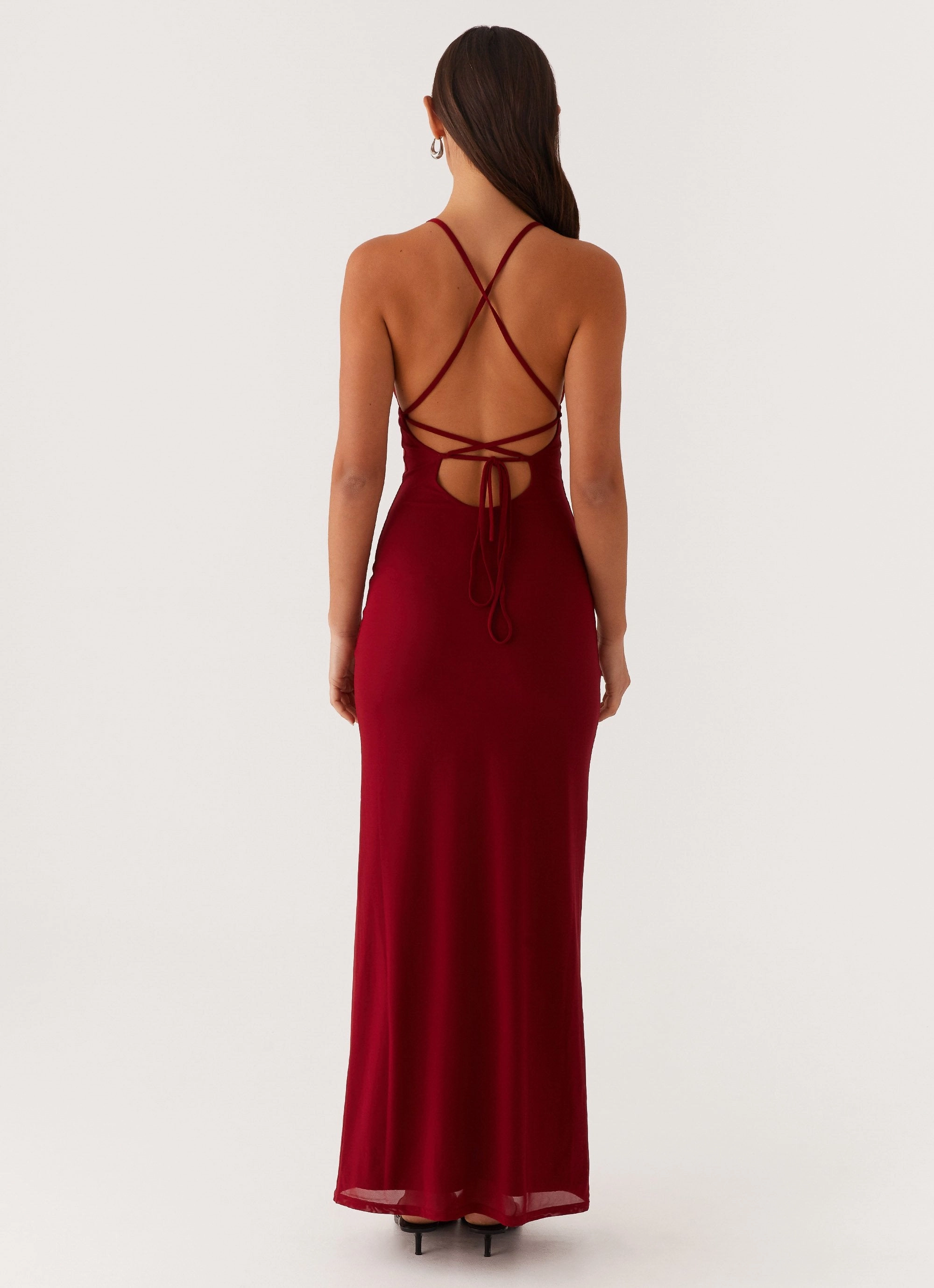 Feminine Fit Beki Beaded Mesh Maxi Dress - Deep Red