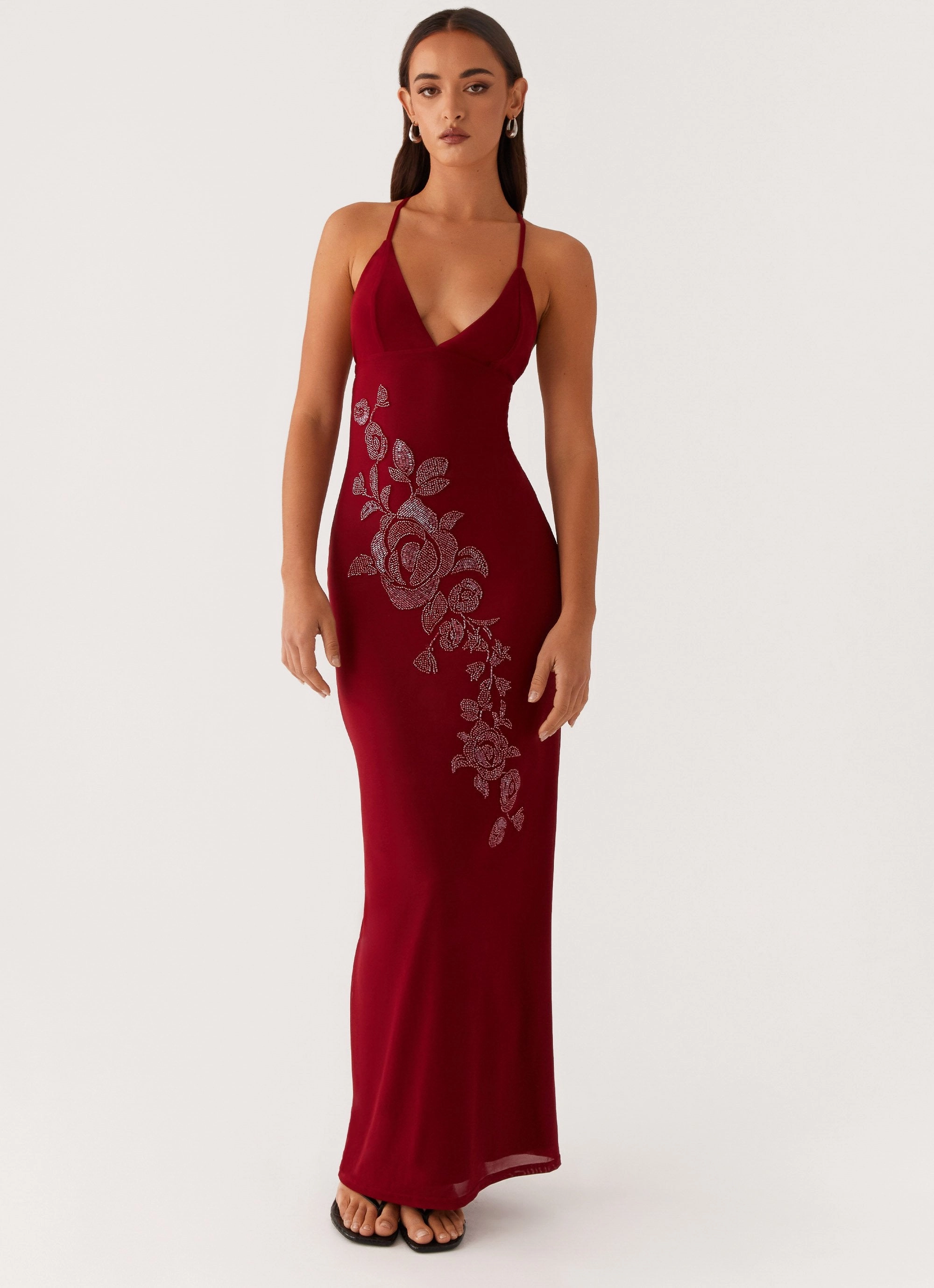 Flattering Design Wear Comfy Yet Stylish Beki Beaded Mesh Maxi Dress - Deep Red