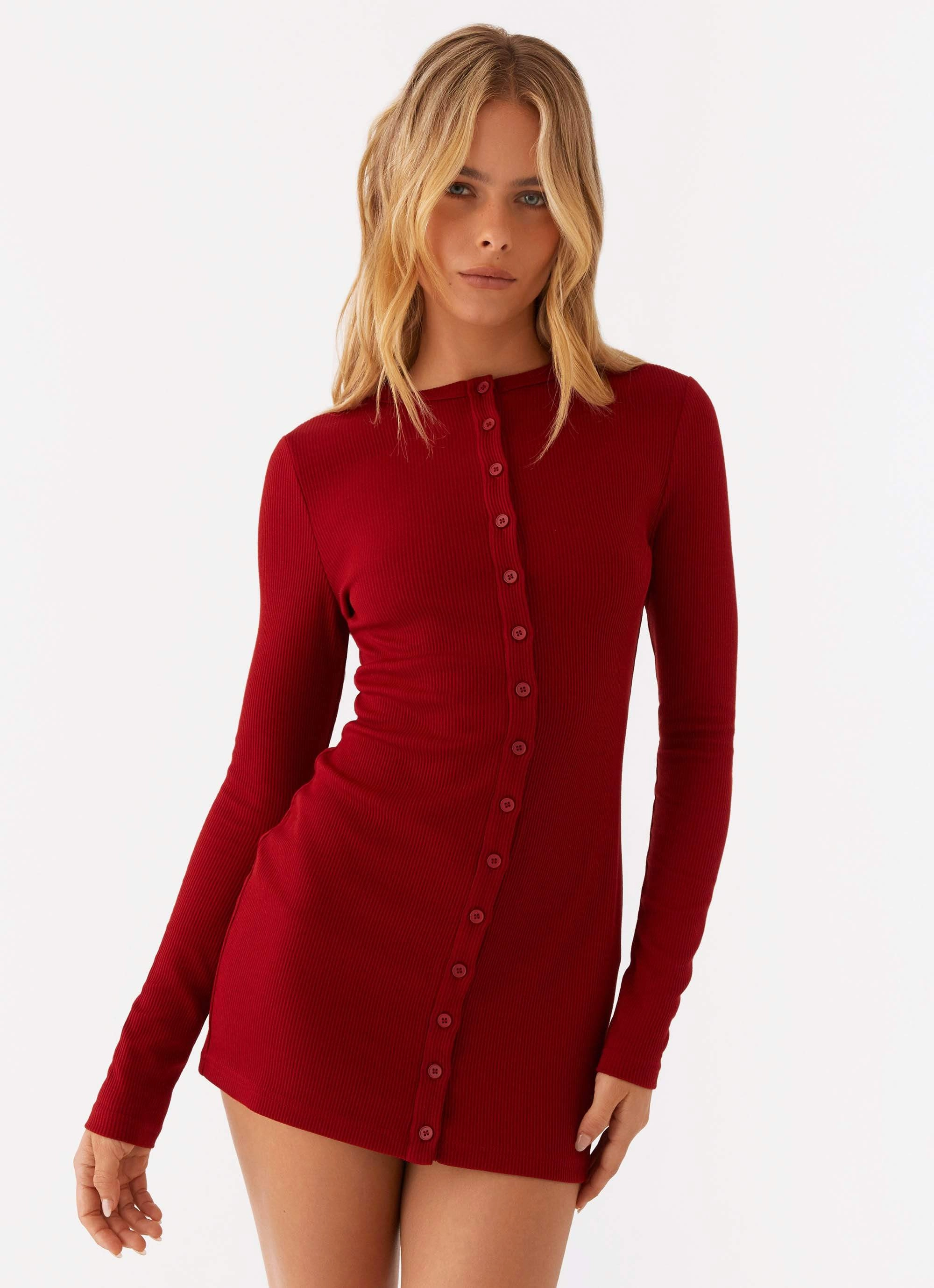 Gentle Texture Pearl-Detail Blair Long Sleeve Mini Dress - Red