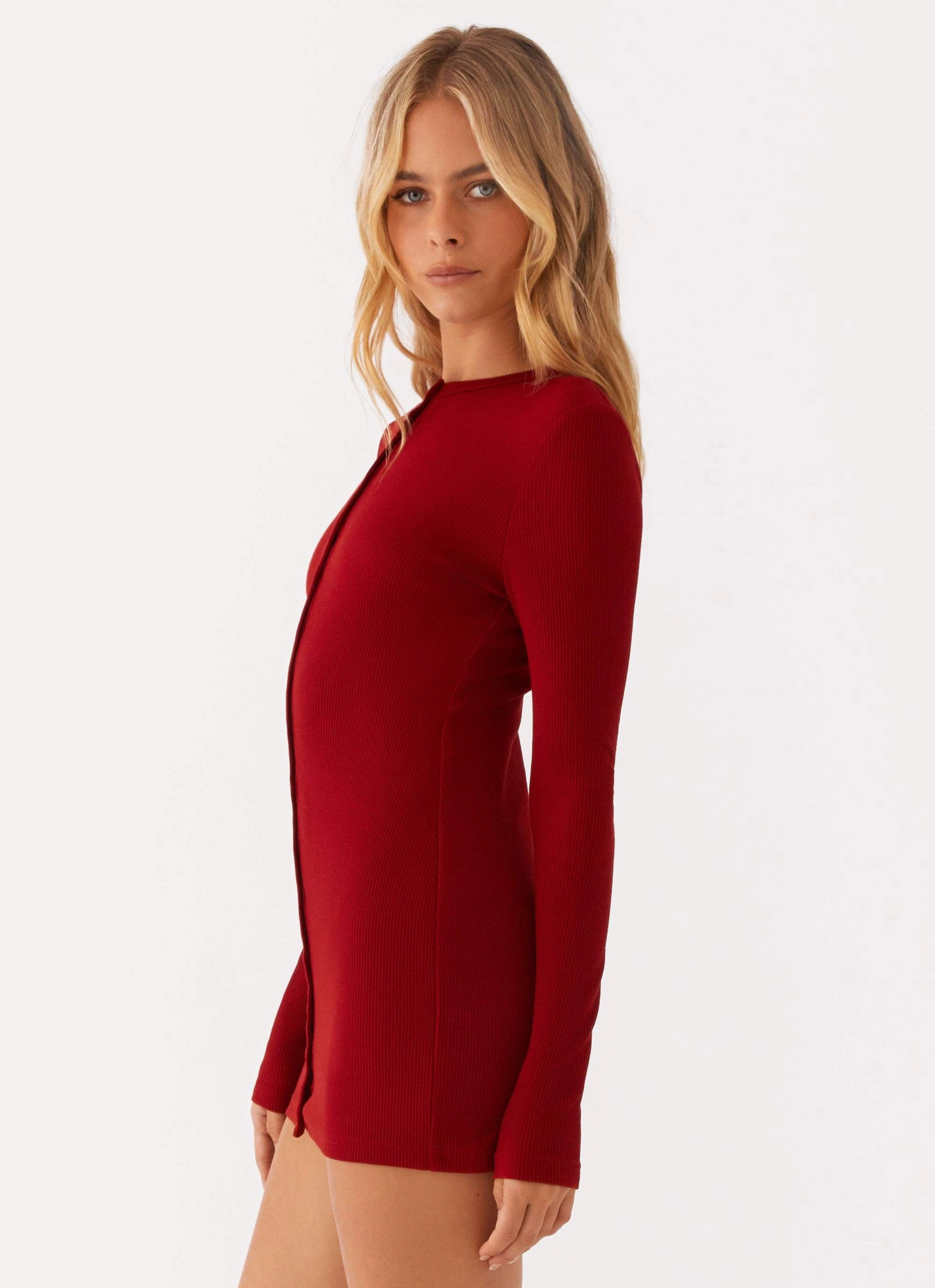 Adjustable Straps Color Soft Blair Long Sleeve Mini Dress - Red