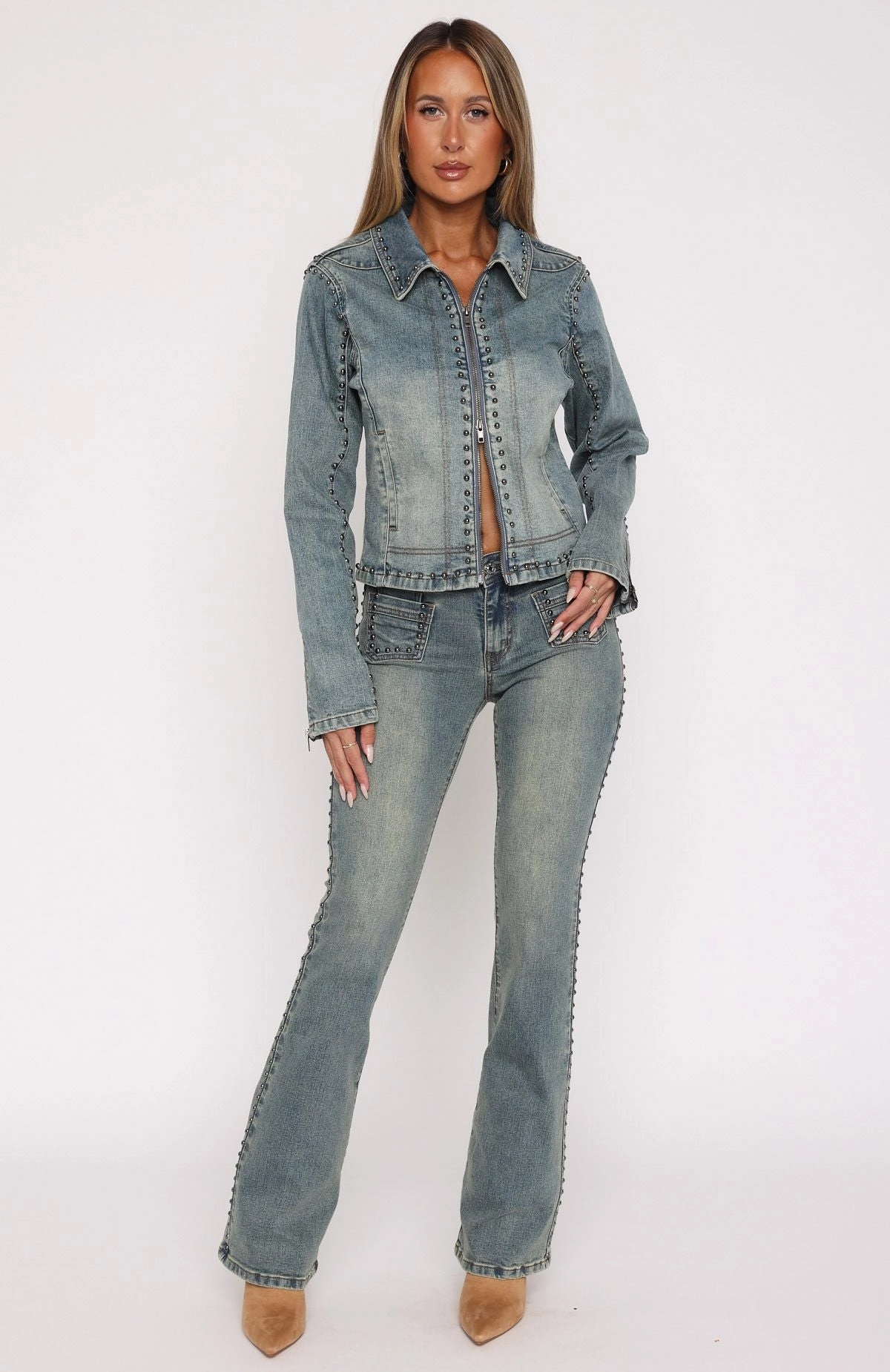 Great Base Blake Low Rise Studded Flare Jeans Brown Blue