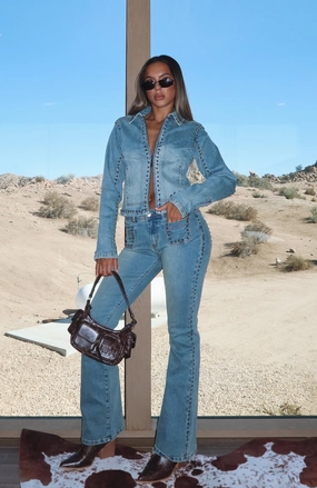 Low Impact Processing Neutral Fabric Blake Low Rise Studded Flare Jeans Brown Blue