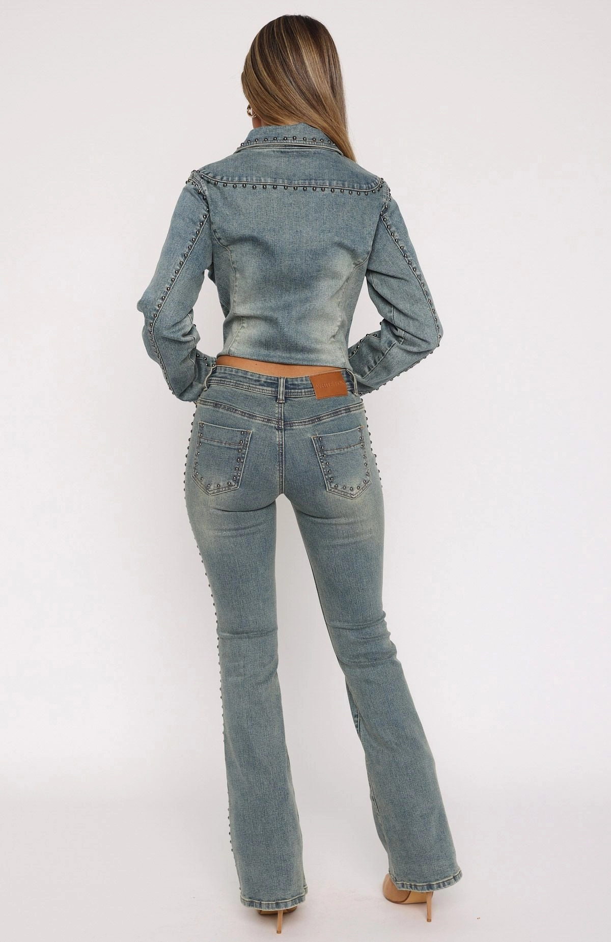Unfaded Hemline Blake Low Rise Studded Flare Jeans Brown Blue