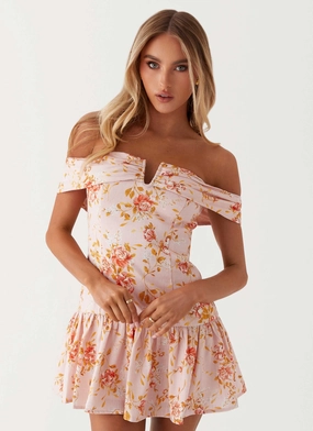 Sophisticated Wear Aries Off Shoulder Linen Mini Dress - Pink Floral